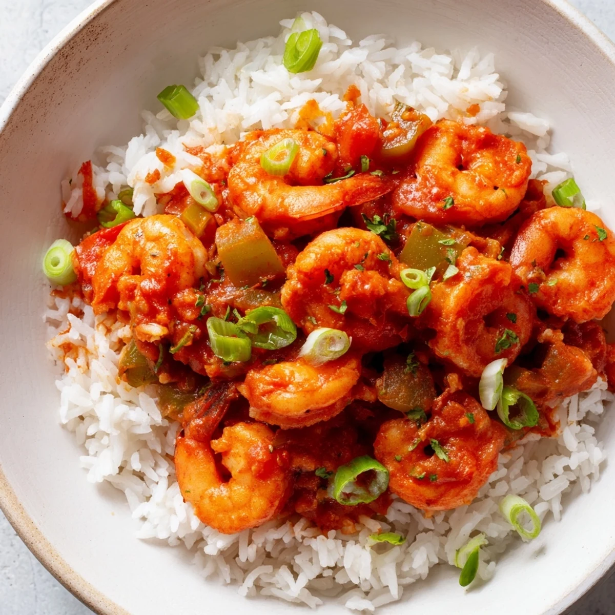 Tender shrimp simmered in a zesty tomato sauce with Creole spices, peppers, and onions, perfect over fluffy white rice.