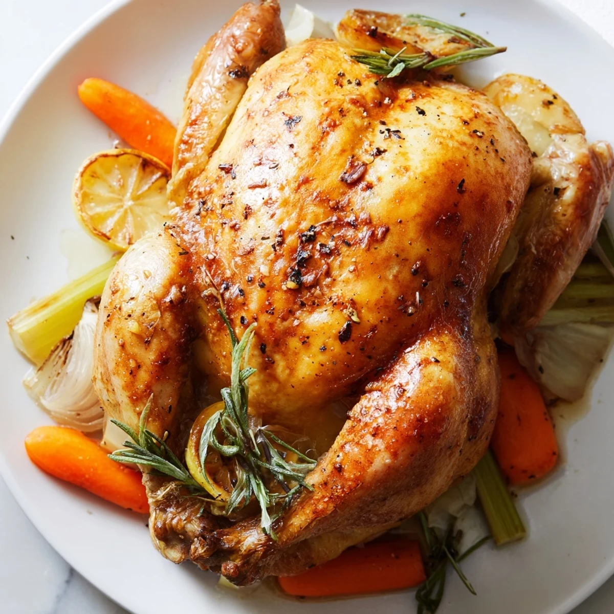 Golden-brown roasted chicken with lemon and herbs glistening on a platter, surrounded by caramelized carrots and onions for a rustic family dinner.