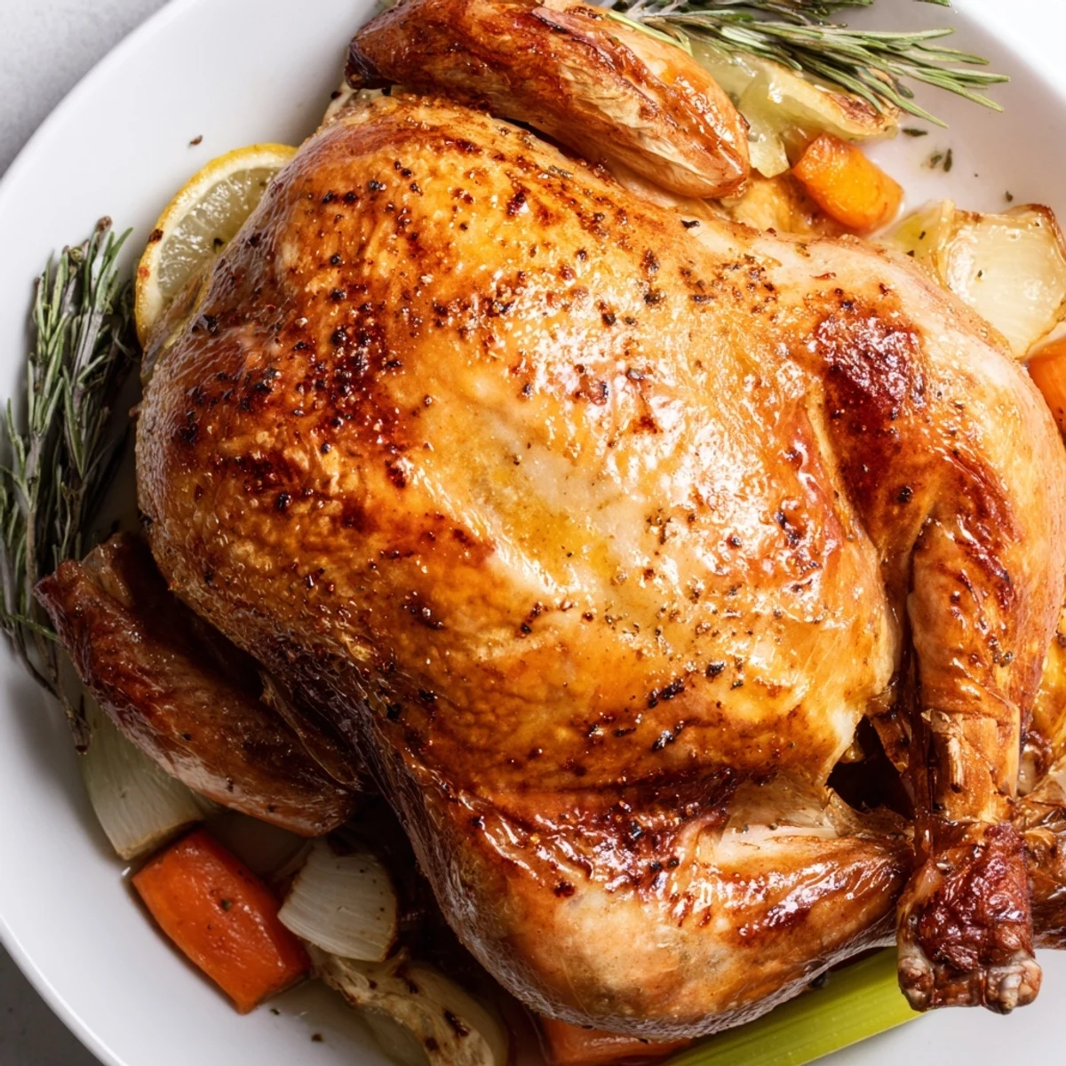 Close-up of golden, herb-crusted roasted chicken with lemon wedges, showcasing juicy meat and aromatic rosemary and thyme sprigs.