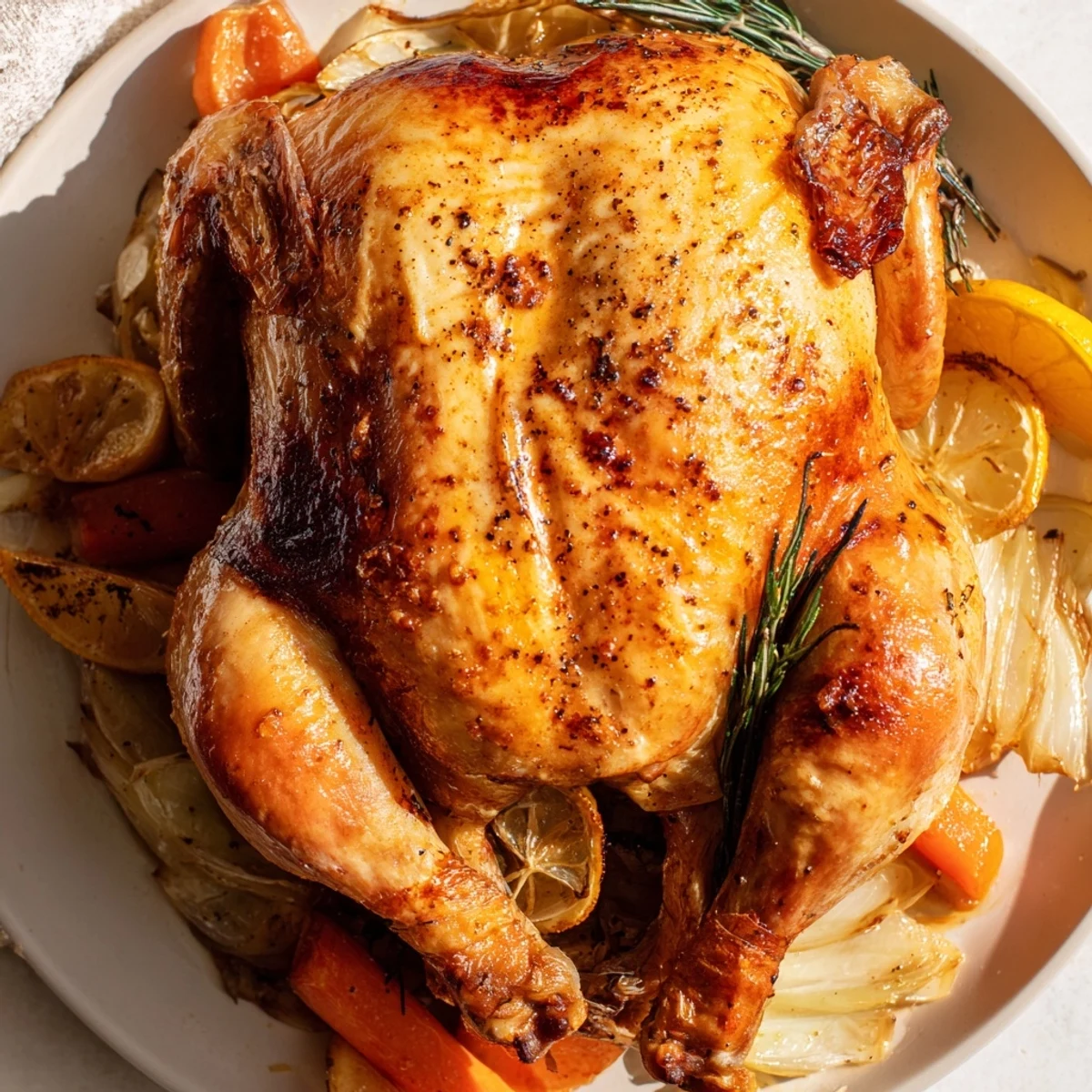 A whole roasted chicken with lemon and herbs, carved into succulent pieces next to crispy vegetables and a drizzle of pan juices.