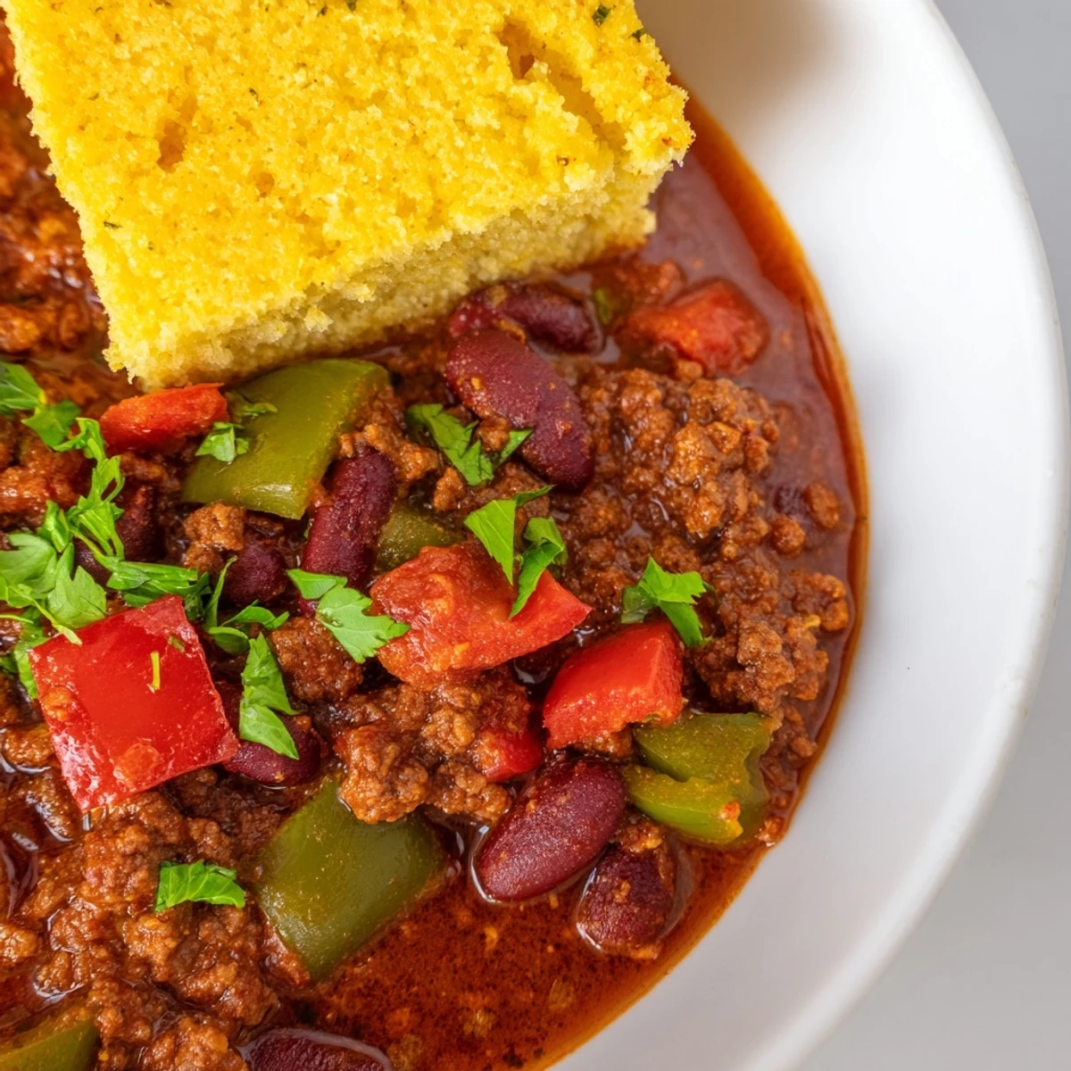 Steaming bowl of beef and bean chili alongside golden cornbread, perfect for cozy family dinners.