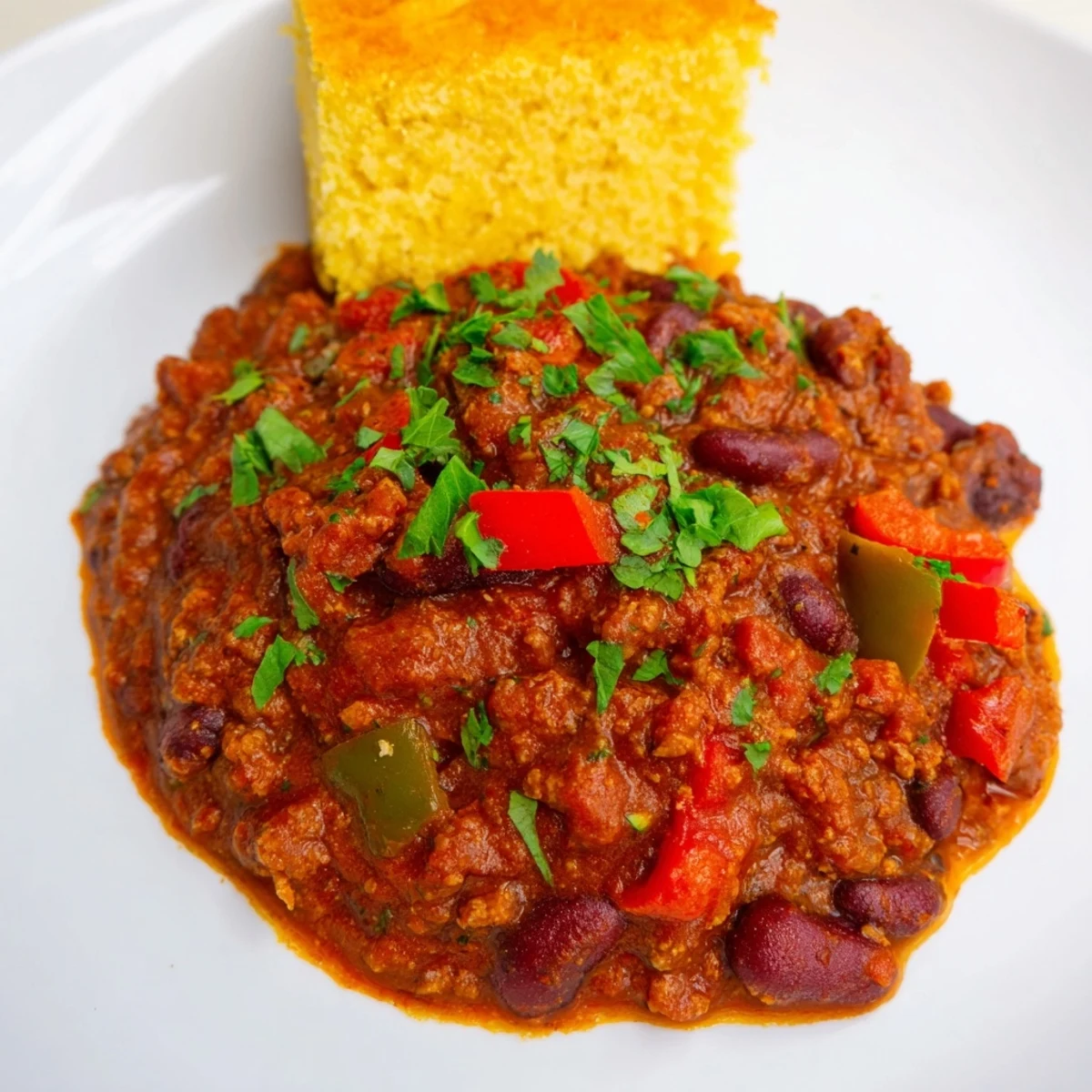A slice of buttery cornbread rests next to hearty beef and bean chili in this photo.