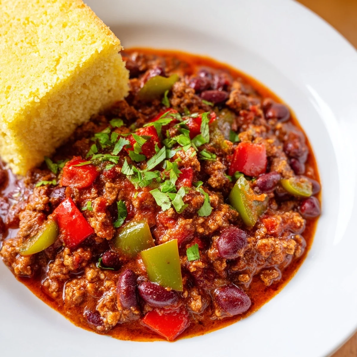 Savory beef and bean chili served hot, garnished with melted cheese and fresh cilantro.