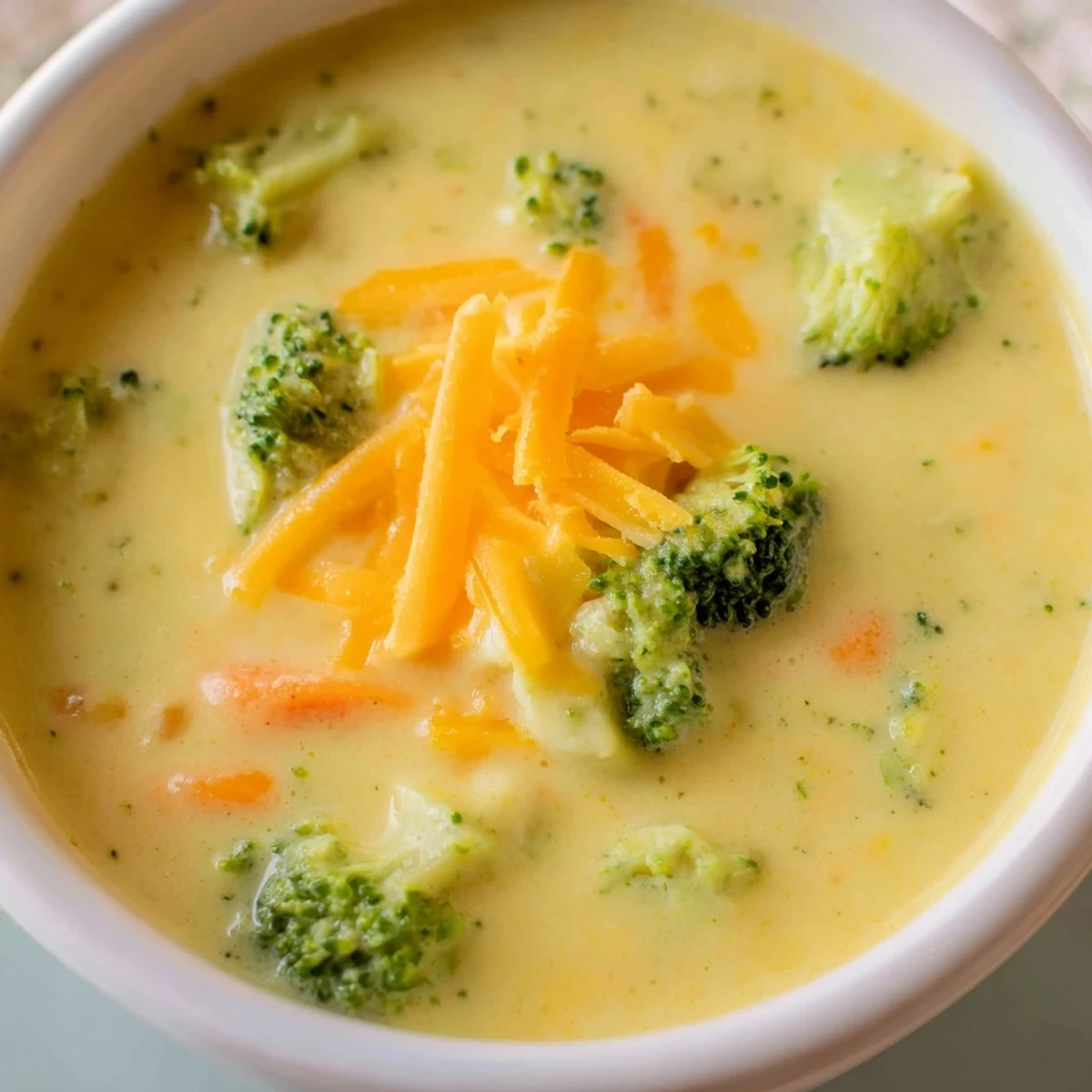 A steaming bowl of creamy broccoli cheddar soup, garnished with extra sharp cheddar and a side of crusty bread.  