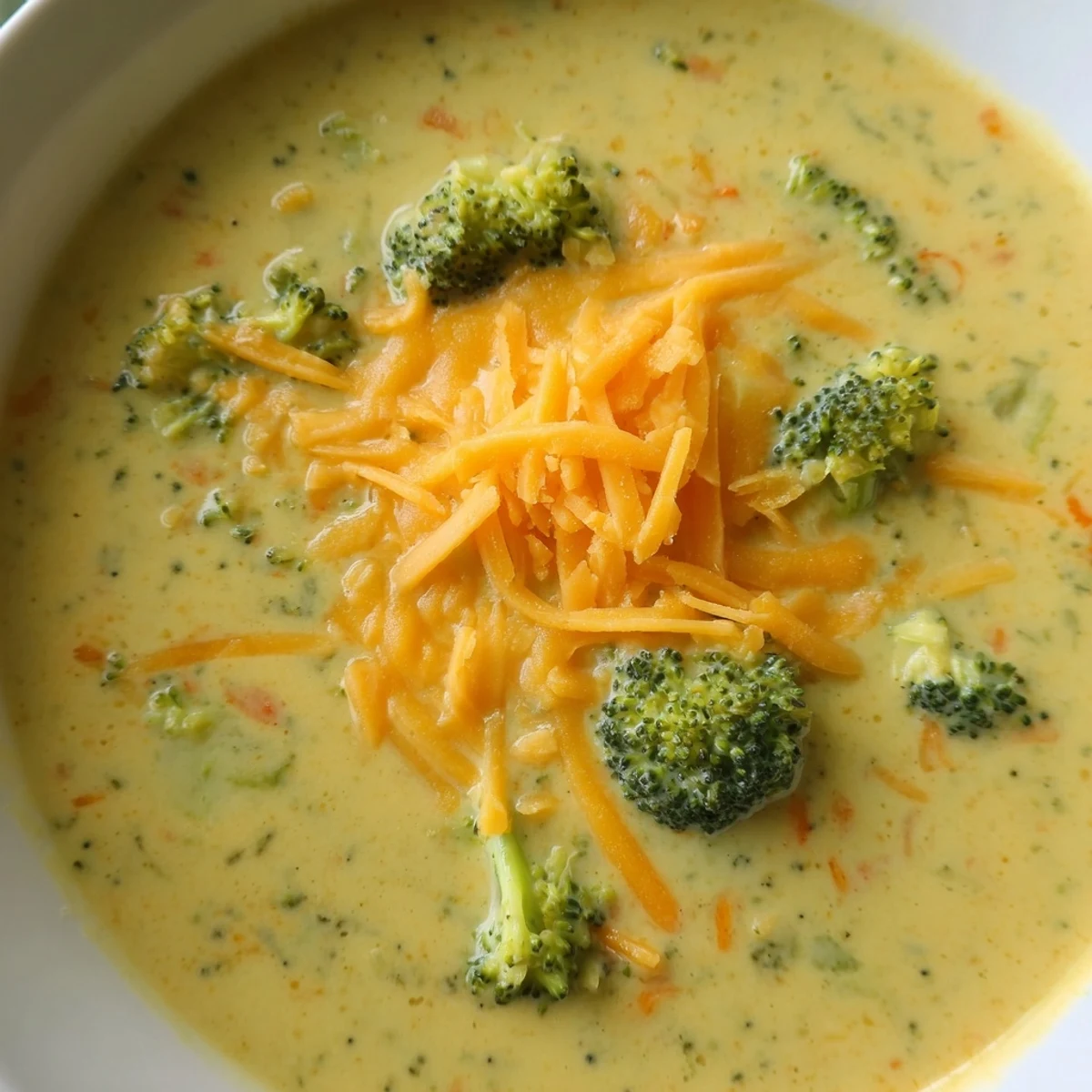 Thick, velvety creamy broccoli cheddar soup with tender broccoli florets and melted cheese.  