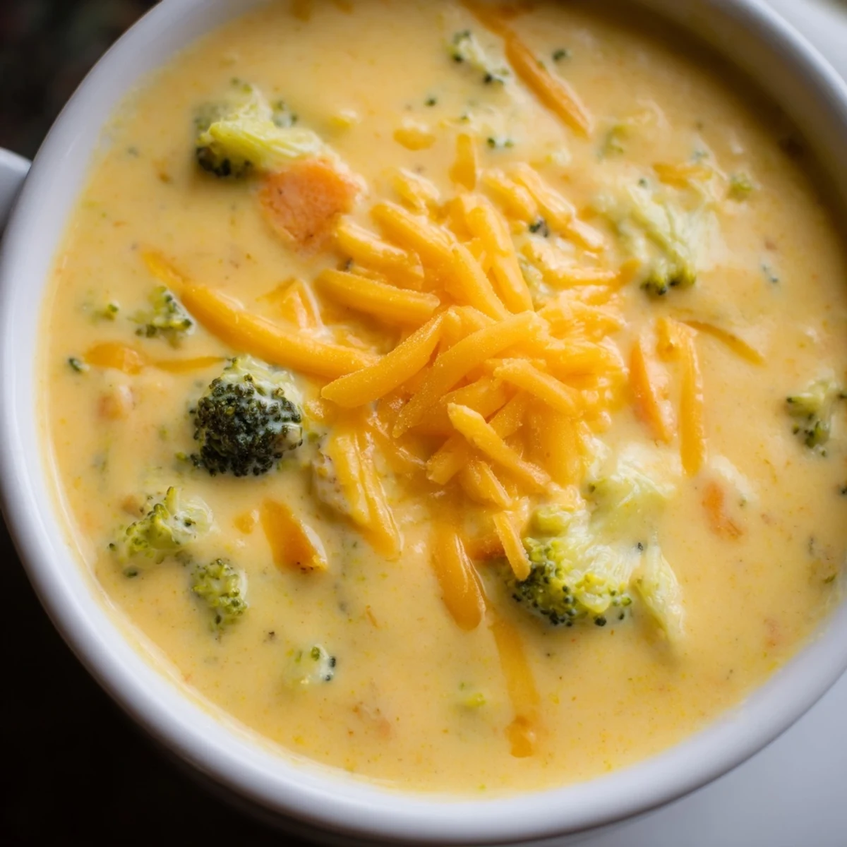 Homemade creamy broccoli cheddar soup served hot in a rustic bowl, perfect for cozy lunches.