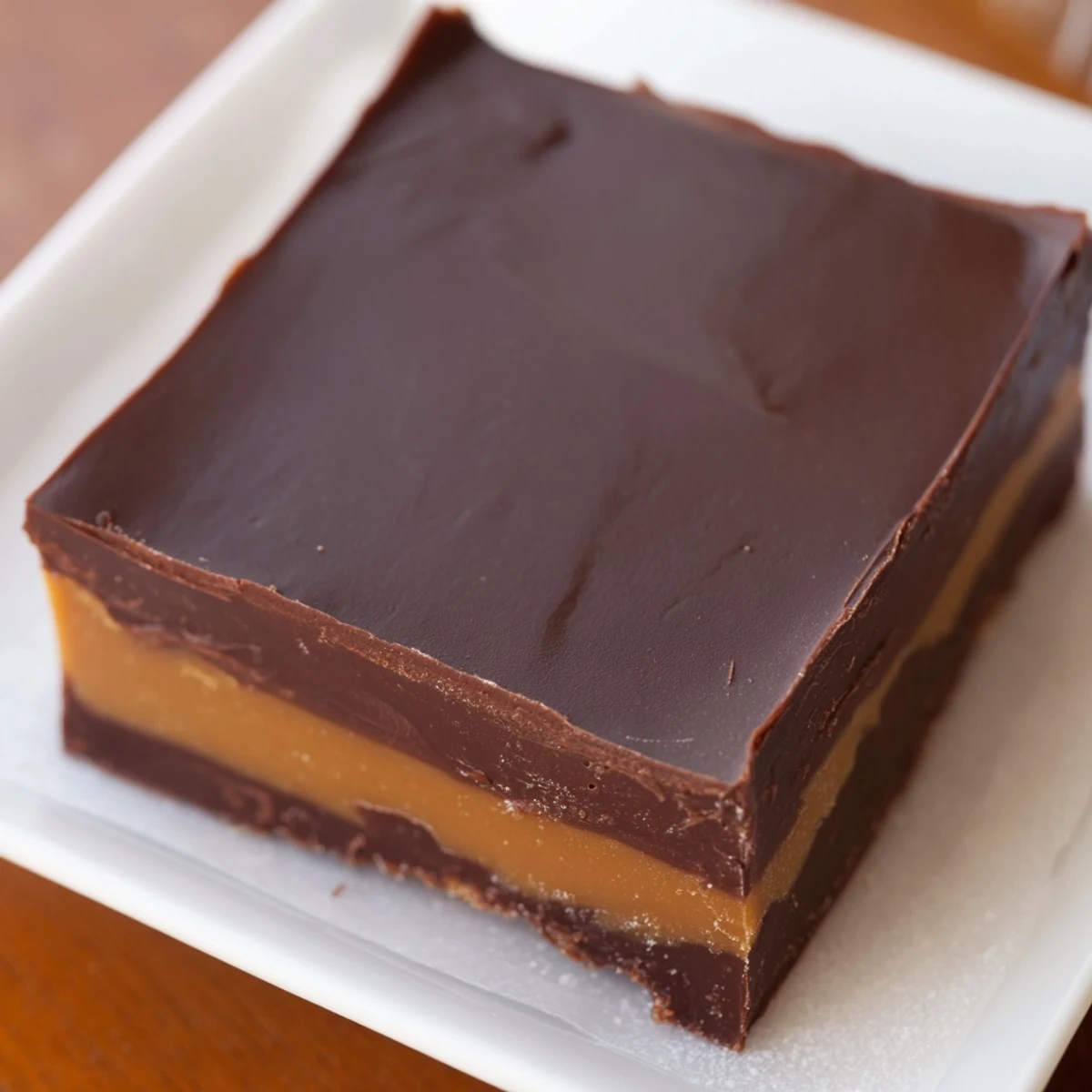 A square of rich Chocolate Peanut Butter Fudge, cut to reveal creamy layers of chocolate and peanut butter, served on a rustic wooden board.
