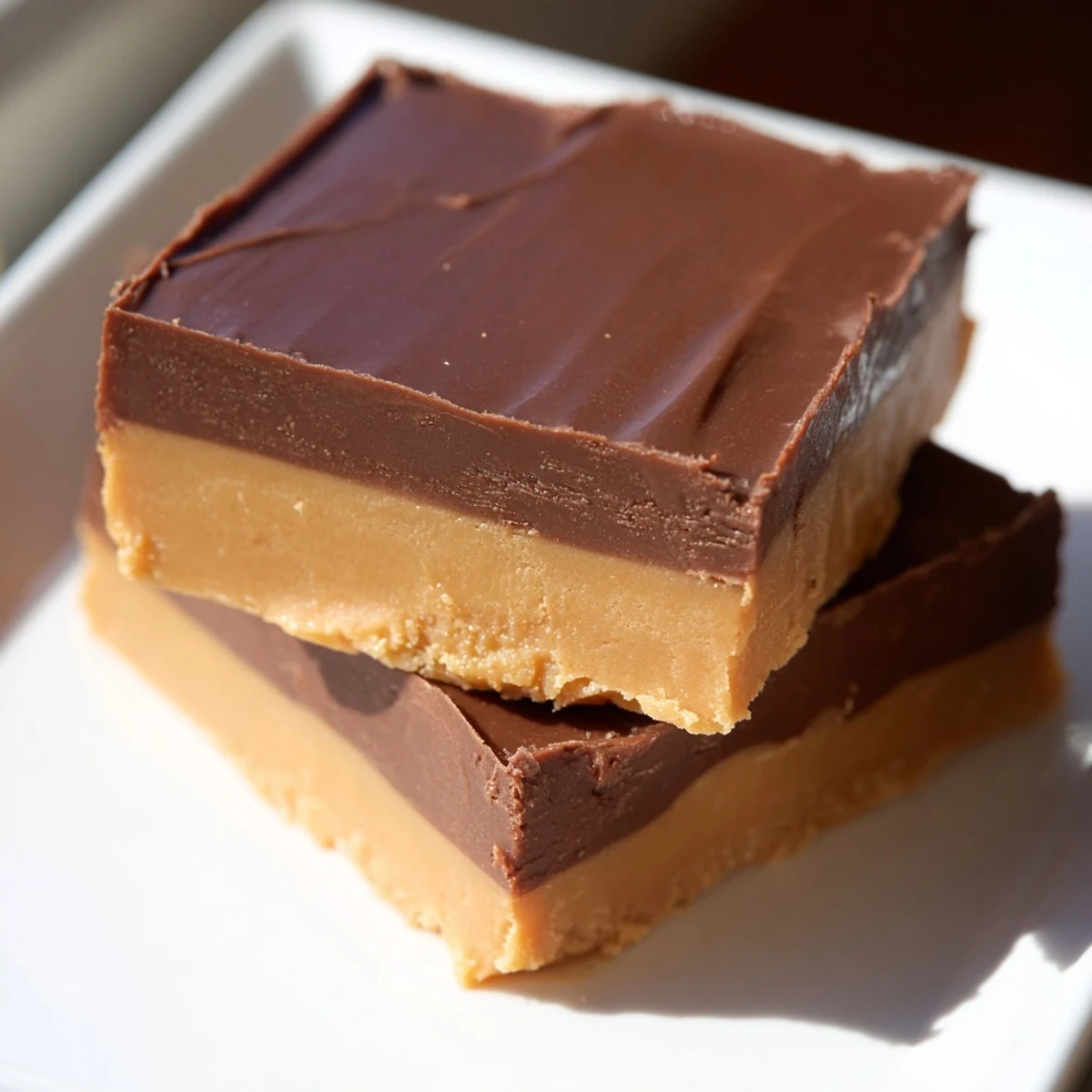 Close-up view of smooth, glossy Chocolate Peanut Butter Fudge with a perfect chocolate-to-peanut butter ratio, ideal for a sweet dessert snack.