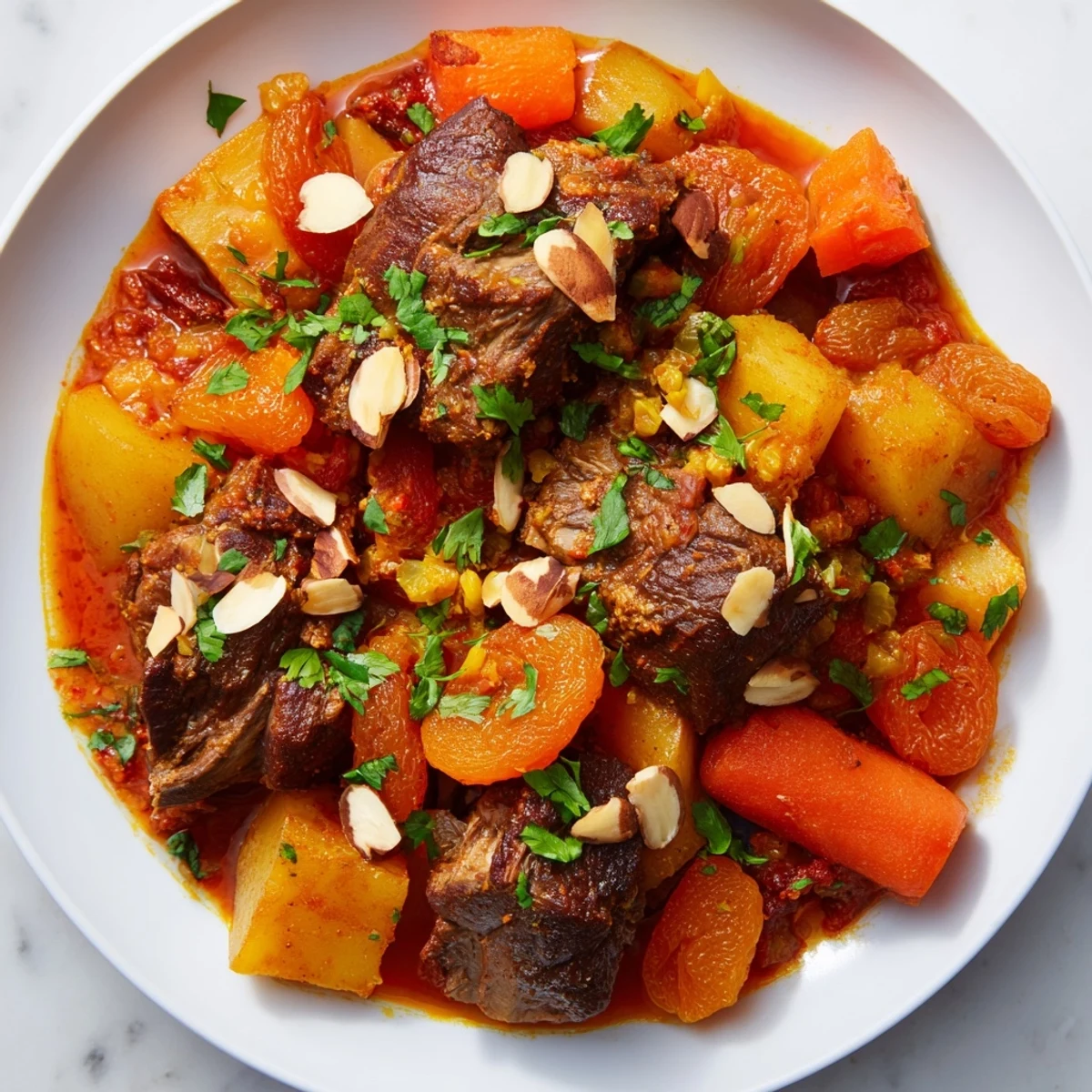 Serve this Slow Cooker Moroccan Lamb Tagine over fluffy couscous, garnished with fresh cilantro and toasted almonds.