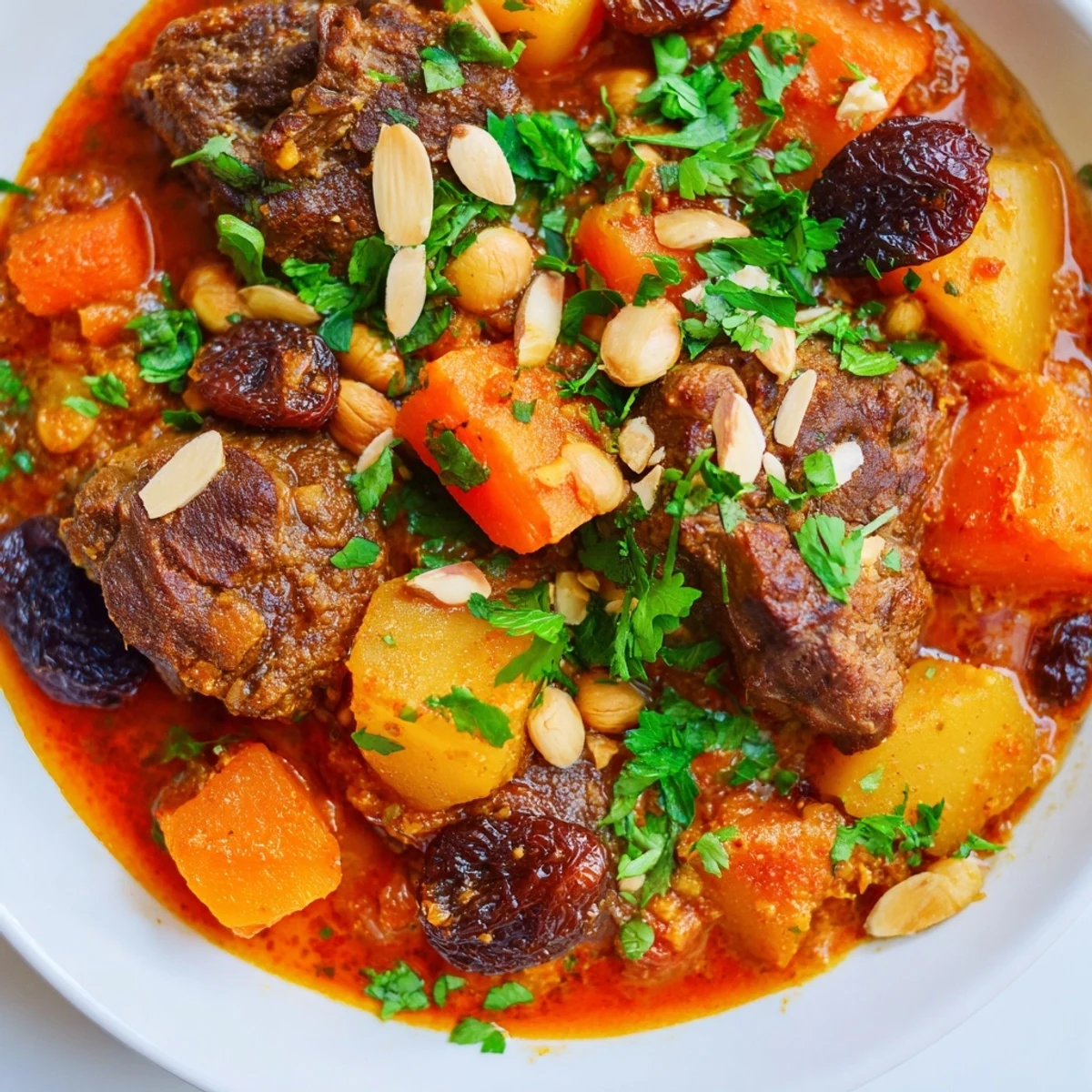 Golden carrots and potatoes soak up the aromatic spices in this hearty Slow Cooker Moroccan Lamb Tagine meal.