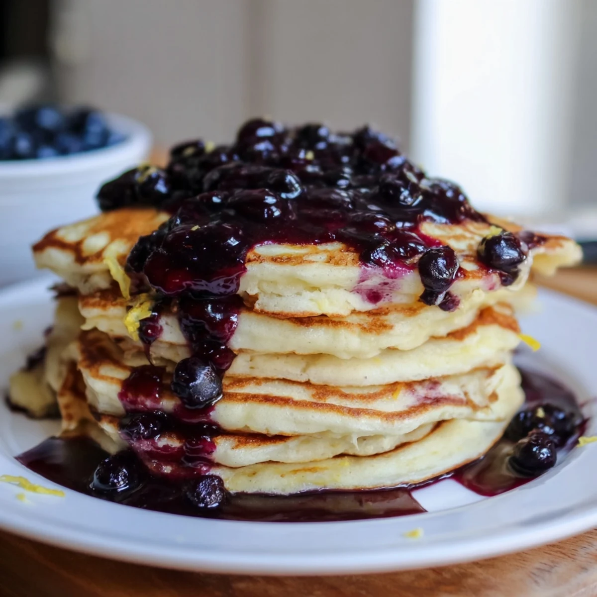 Fluffy Lemon Ricotta Pancakes with Blueberry Syrup stack high, glistening with syrup and lemon zest.