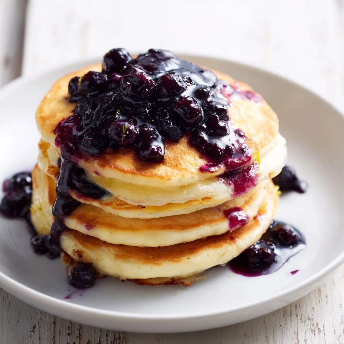 Golden pancakes with ricotta texture are drizzled with vibrant blueberry syrup on a plate.