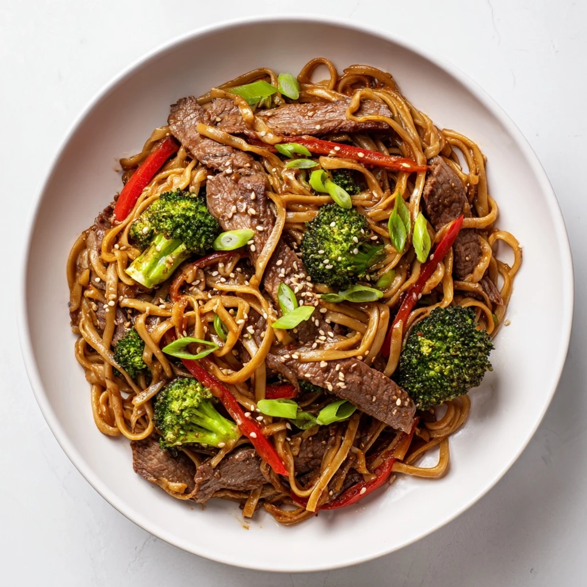 A close-up of Beef and Broccoli Lo Mein with Sesame shows glossy noodles tangled with crisp broccoli florets and tender beef strips, garnished with sesame seeds.
