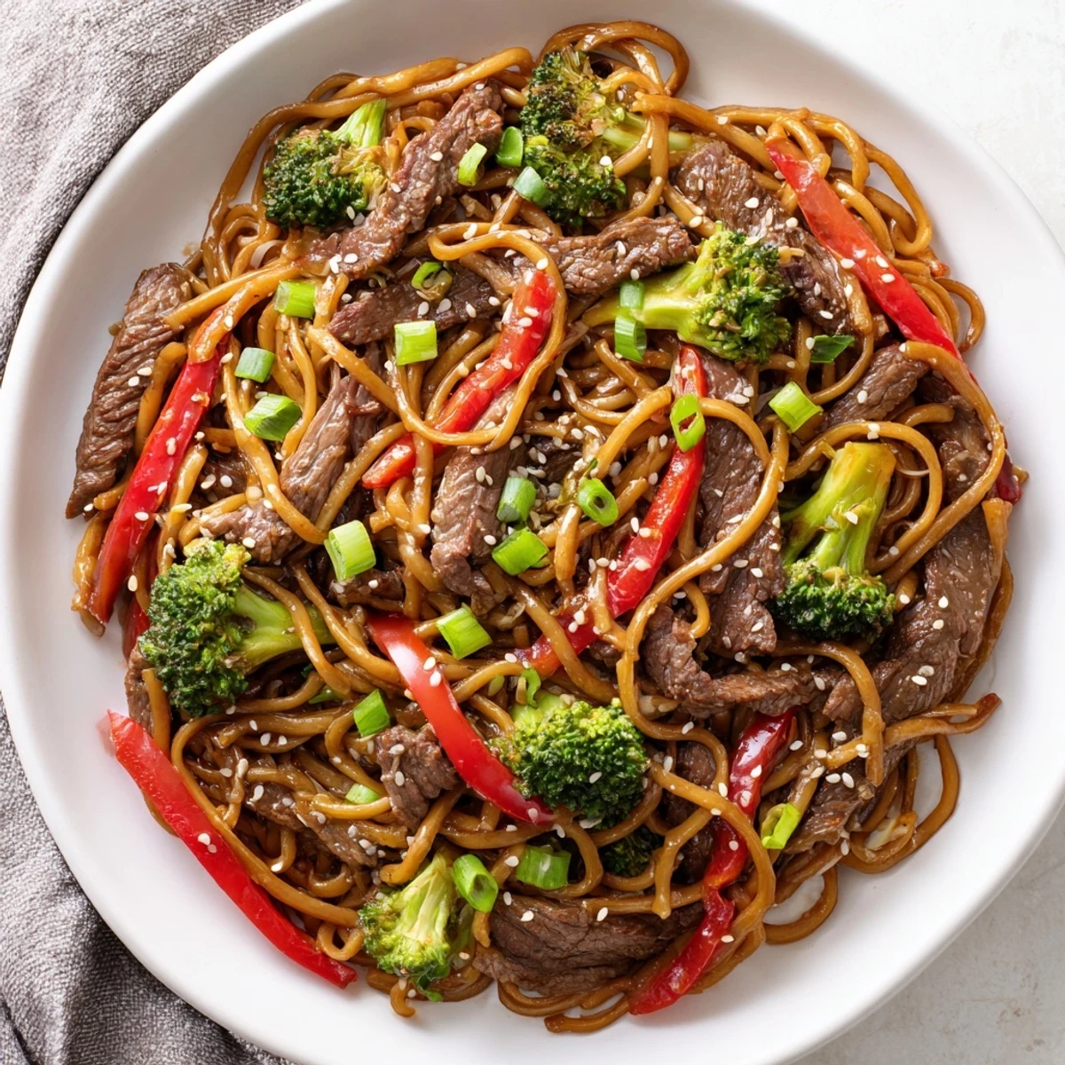 Steam rises from a vibrant bowl of Beef and Broccoli Lo Mein with Sesame, featuring glistening noodles, seared beef, and bright broccoli florets on a wooden table.