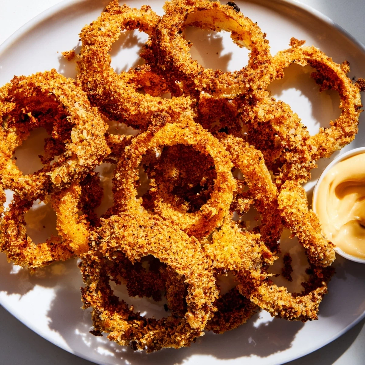 Freshly made Crispy Air Fryer Onion Rings with Dip arranged on a platter beside a small bowl of creamy sauce.