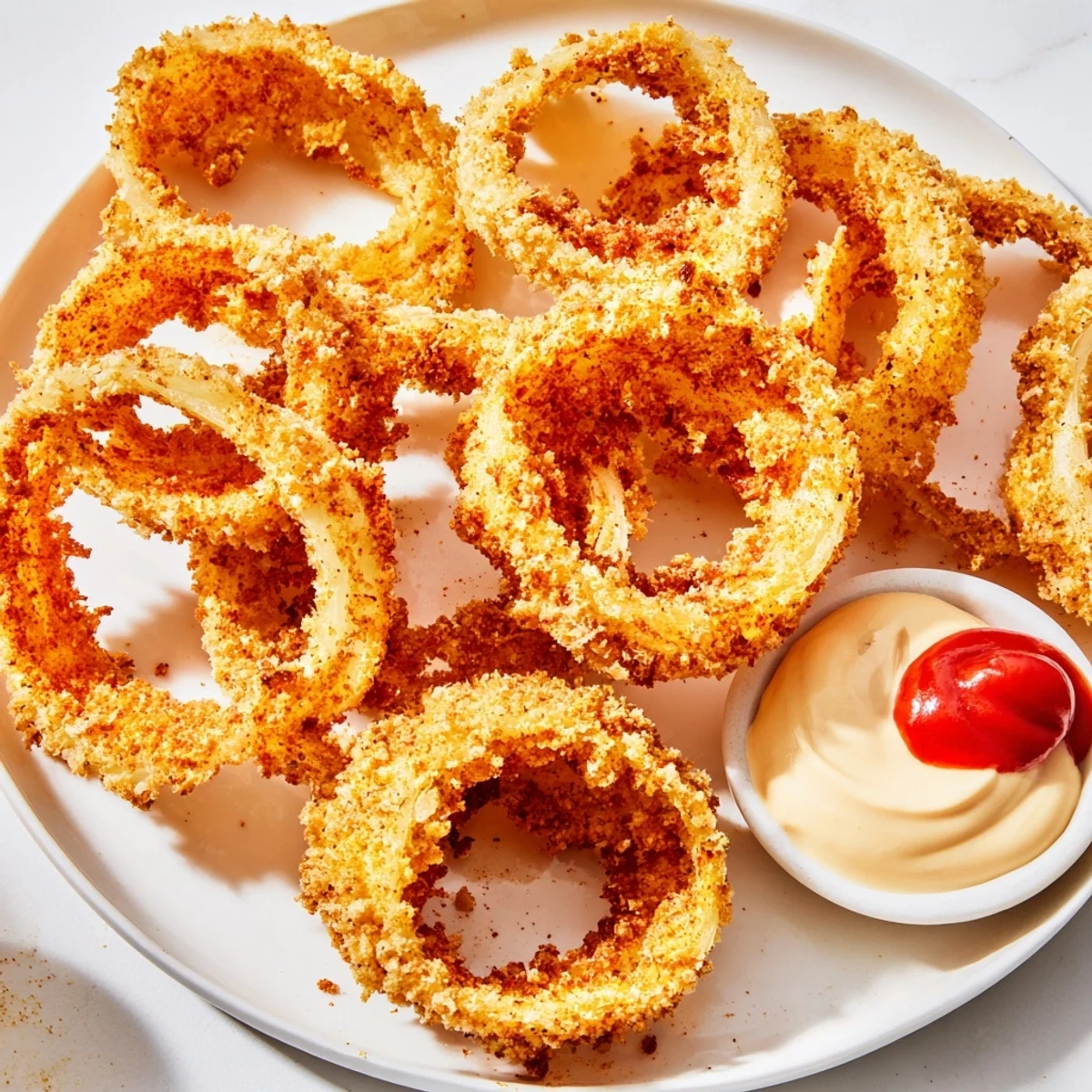 A close-up of golden Crispy Air Fryer Onion Rings with Dip, showing the crunchy panko texture and tangy dipping sauce.