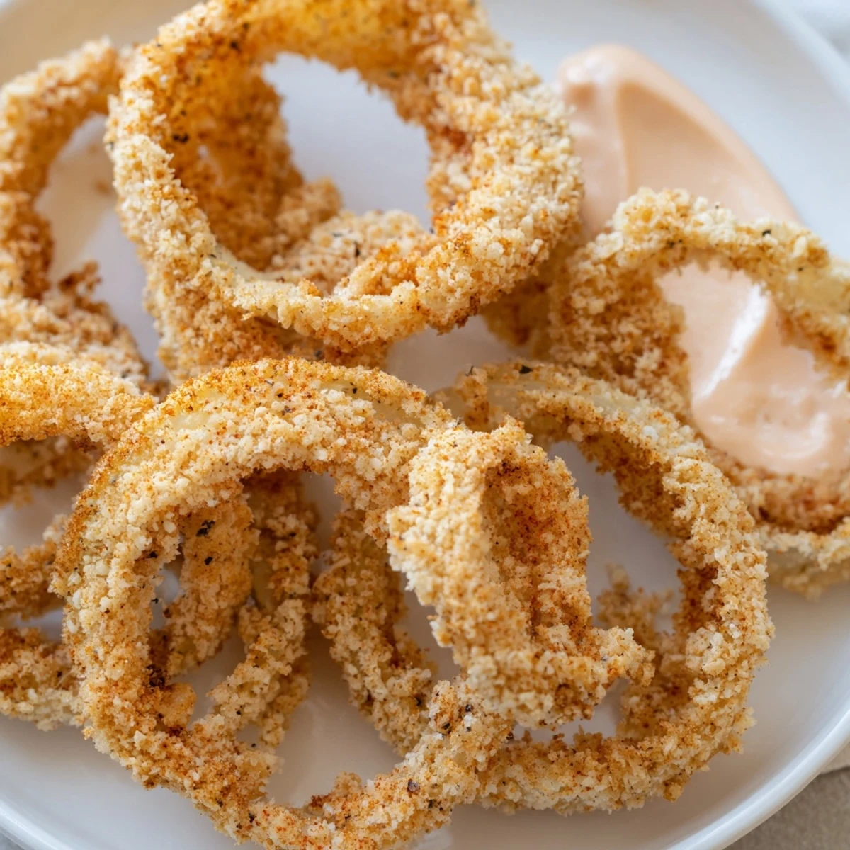 Serving suggestion for Crispy Air Fryer Onion Rings with Dip, stacked high and ready to enjoy as an appetizer.