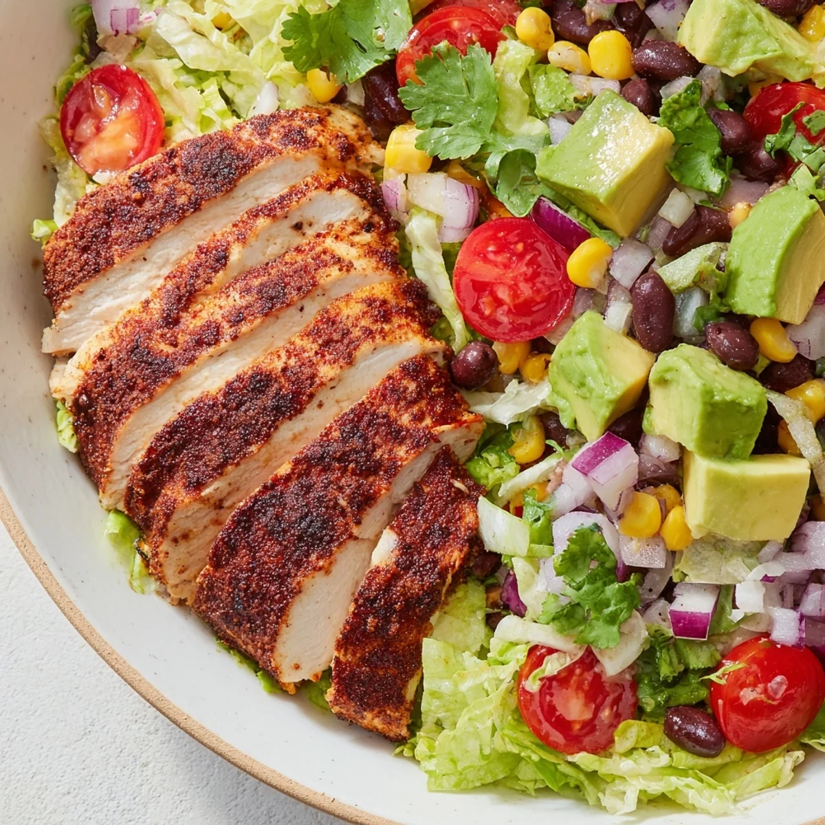 A vibrant serving of Southwest Chicken Salad with Lime Dressing shows grilled chicken, corn, black beans, and fresh veggies drizzled with a zesty lime dressing. 