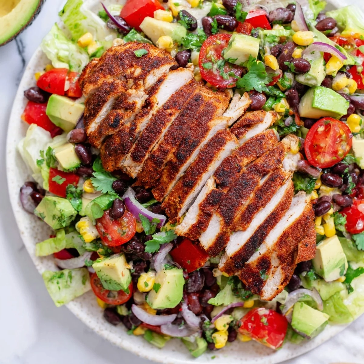 A close-up of Southwest Chicken Salad with Lime Dressing on a white plate, featuring grilled chicken slices, black beans, corn, and diced avocado over crisp romaine lettuce. 