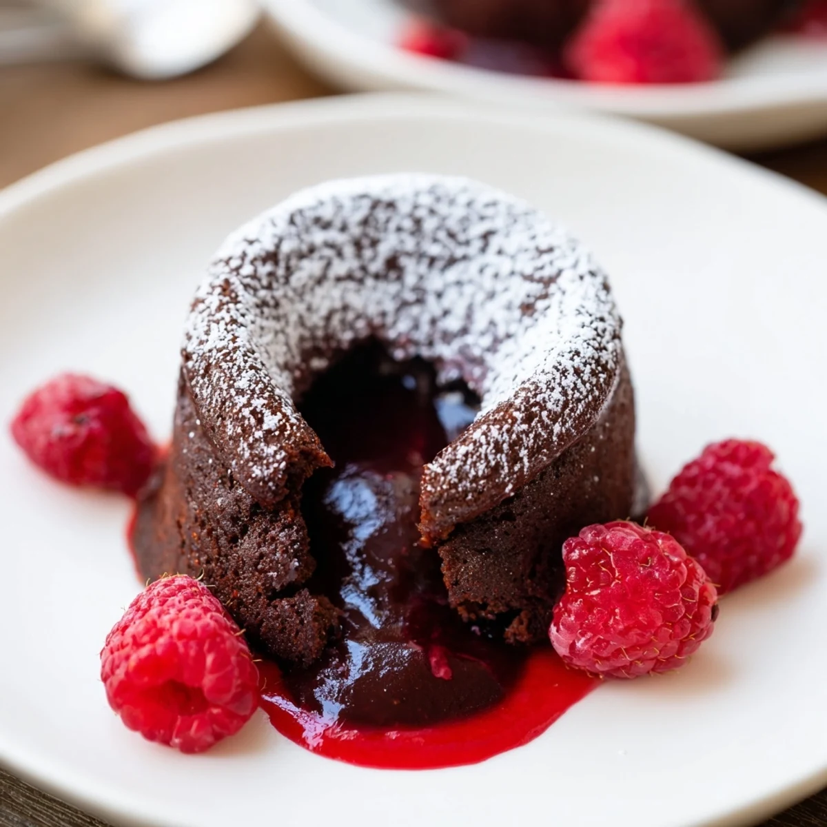 Warm, molten-centered Chocolate Lava Cakes with Raspberry Coulis release steam on a white plate beside fresh berries.  