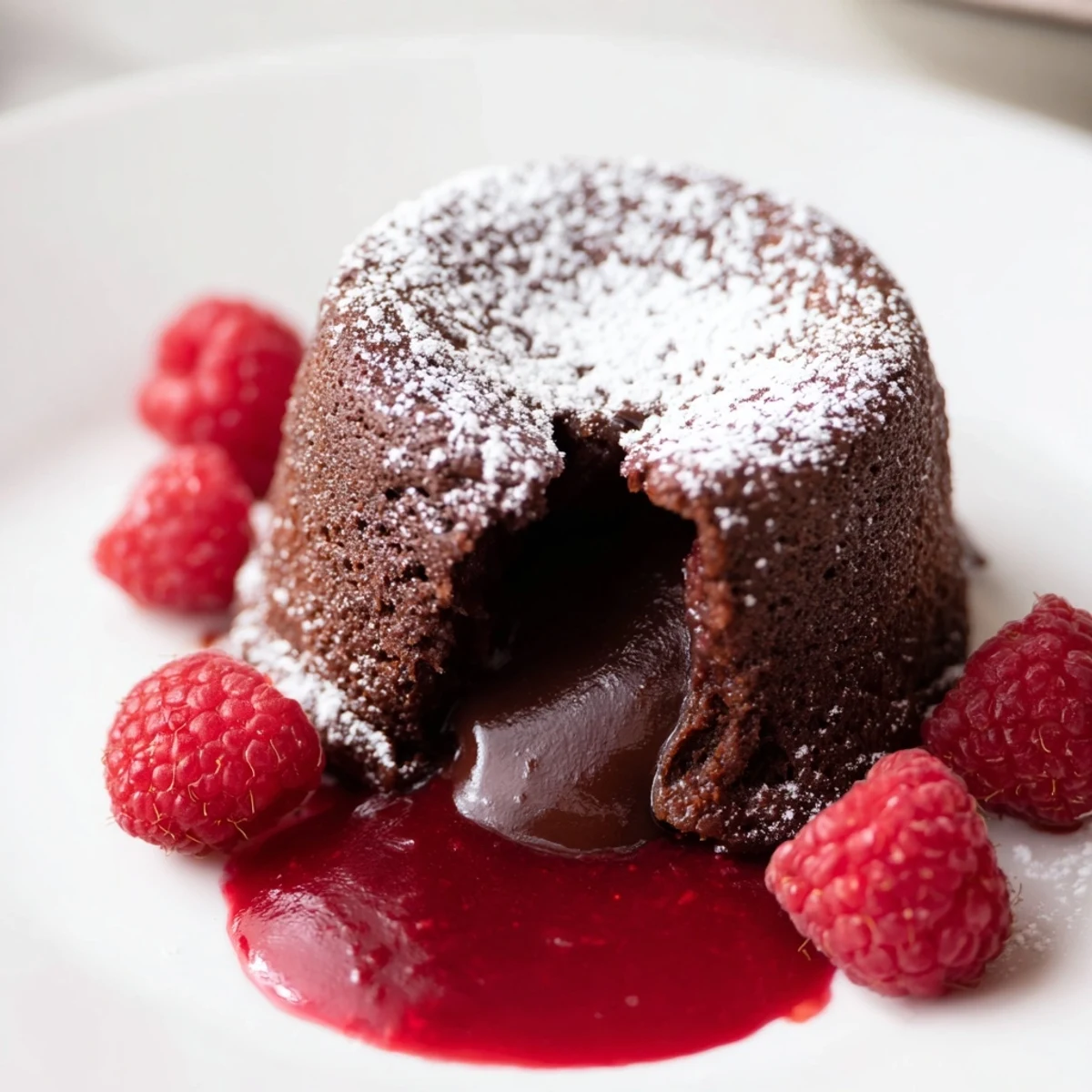 Elegant individual Chocolate Lava Cakes with Raspberry Coulis topped with powdered sugar and whipped cream.  