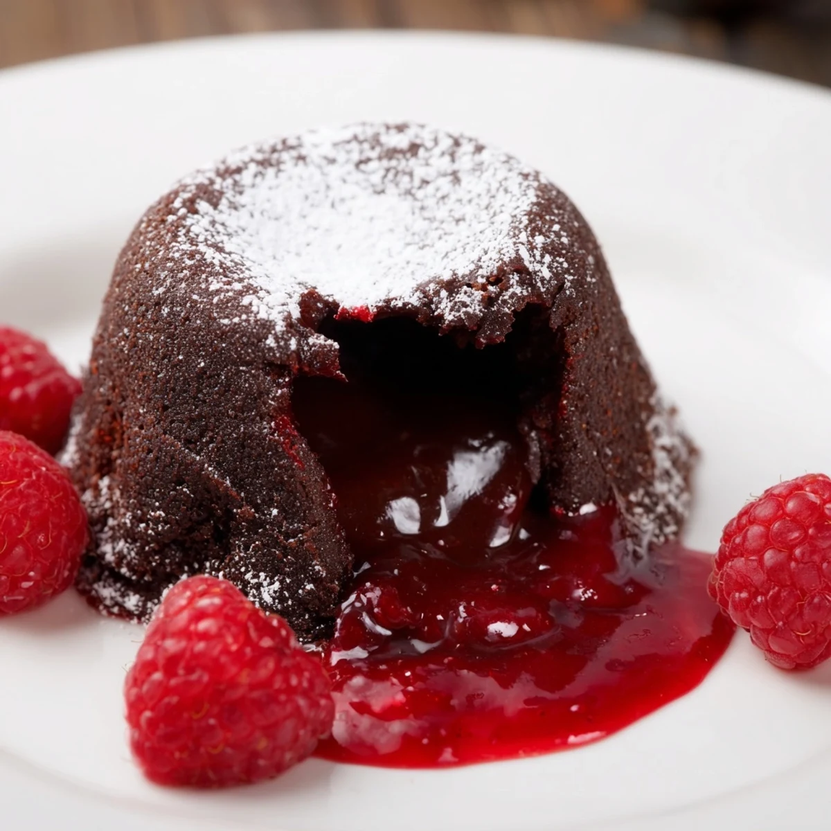 Freshly baked Chocolate Lava Cakes with Raspberry Coulis drizzled over the plate, ready for serving.