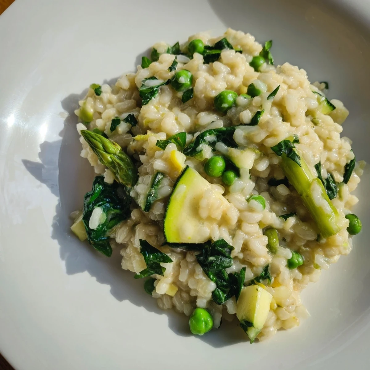 Bright Spring Vegetable Risotto in a white bowl, topped with fresh parsley and extra Parmesan cheese beside a lemon wedge.