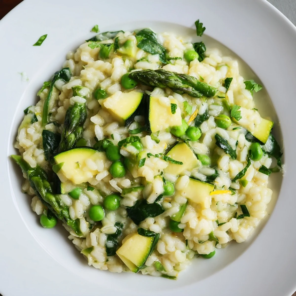 Spoon lifting a bite of Spring Vegetable Risotto with tender greens, showcasing its creamy texture and fresh lemon aroma.