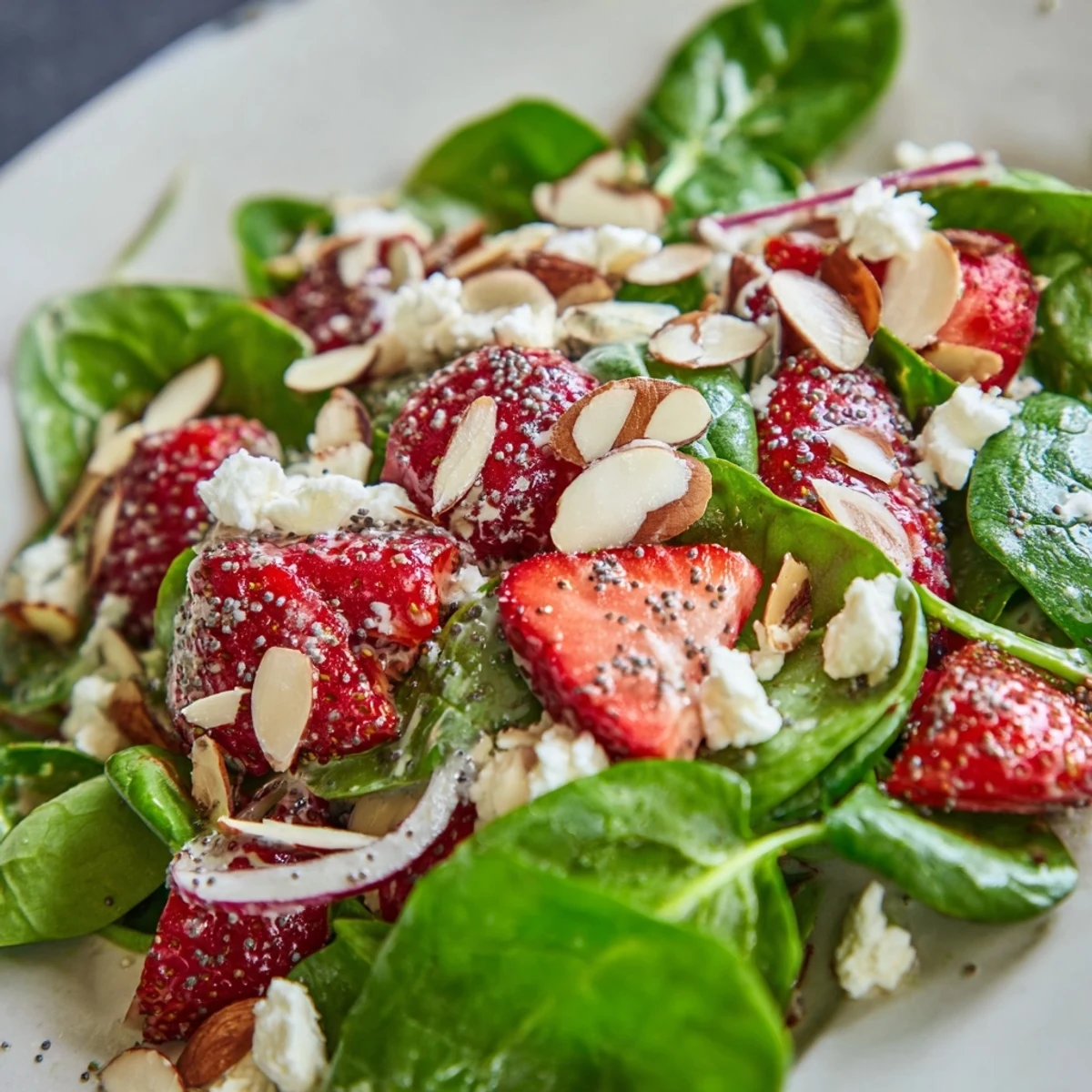 Strawberry Spinach Salad with Poppy Seed Dressing drizzled lightly over the ingredients for a glossy, appetizing finish.