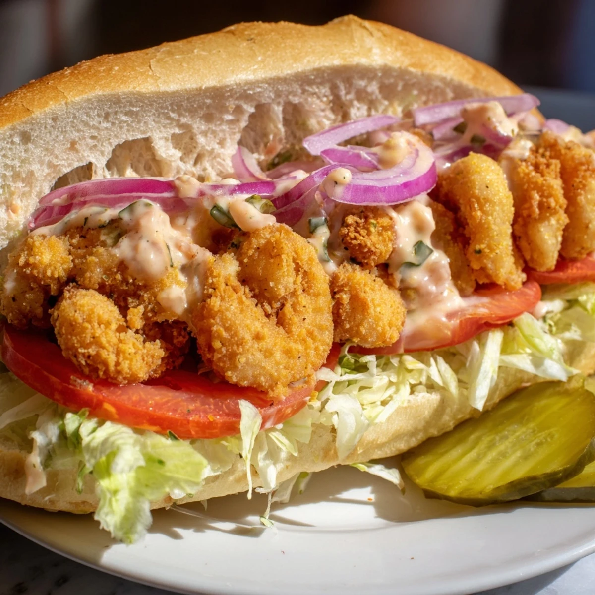 Golden brown Mardi Gras Shrimp Po Boy with Remoulade stacked high on crusty bread, garnished with pickles and ready to serve in New Orleans style.