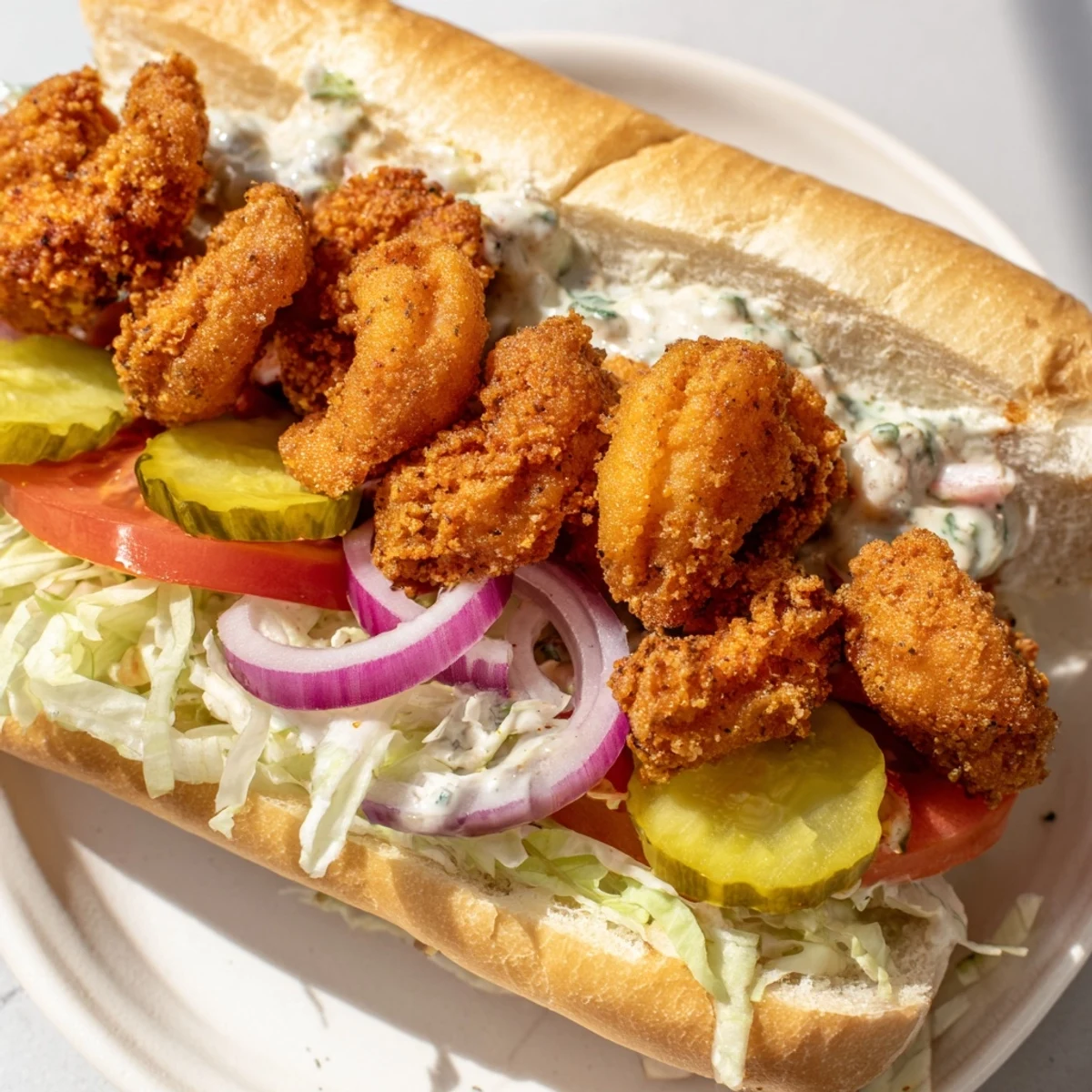 Crispy fried shrimp on a toasted French roll with remoulade, lettuce, tomato, and onion for a Mardi Gras Shrimp Po Boy with Remoulade.