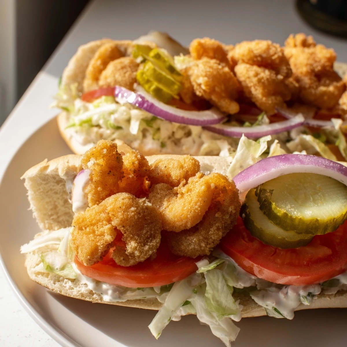 Close-up of a juicy Mardi Gras Shrimp Po Boy with Remoulade, featuring creamy sauce dripping from fried shrimp onto fresh veggies.