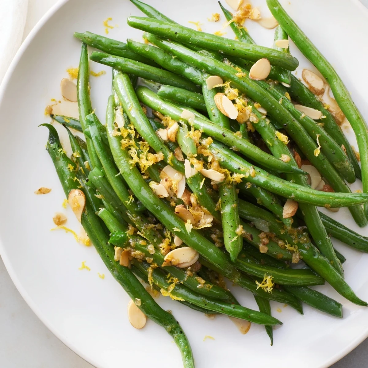 A close-up of Green Beans with Toasted Almonds and Lemon, glistening with lemon juice and olive oil.