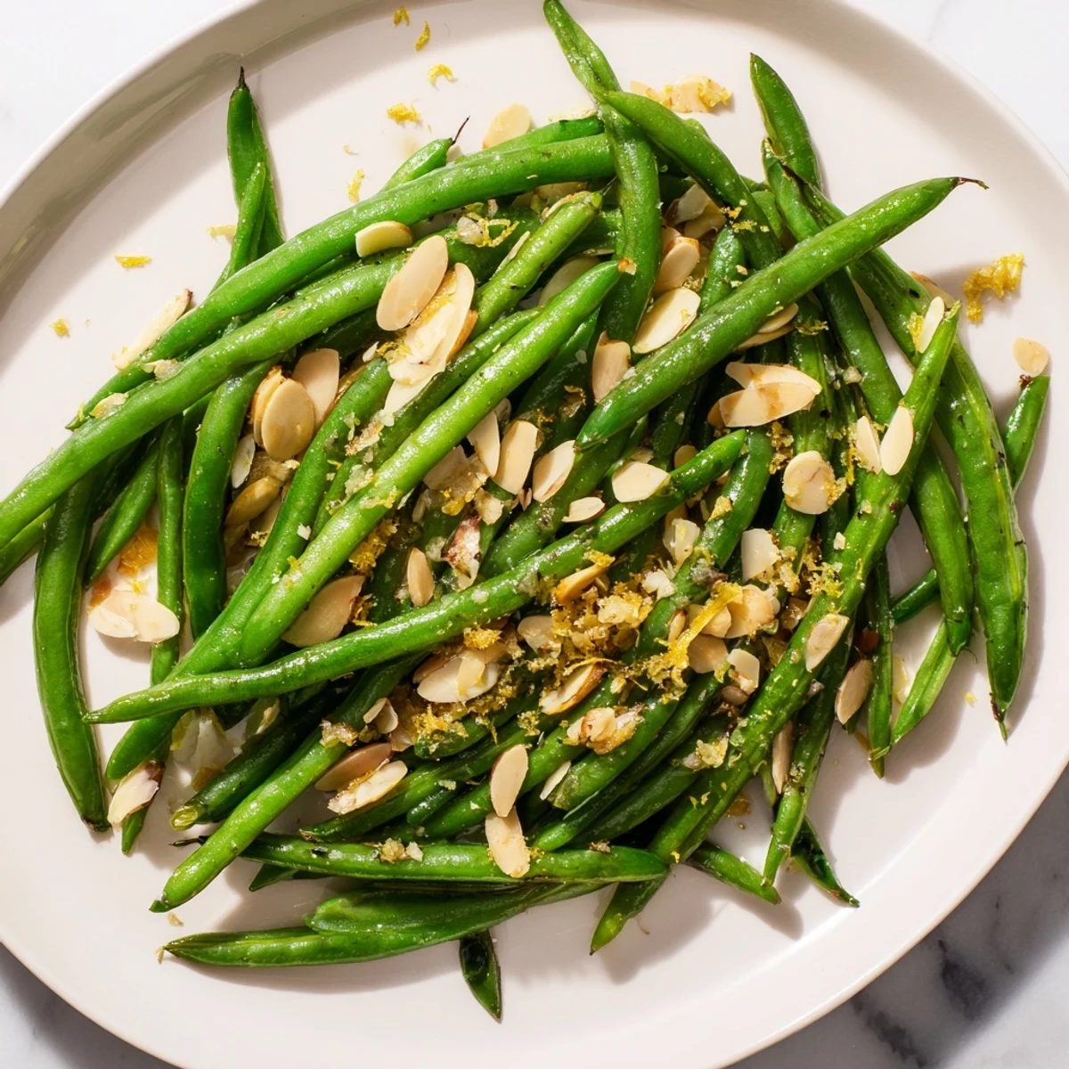 Bright green beans and toasted almonds in Green Beans with Toasted Almonds and Lemon on a white plate.