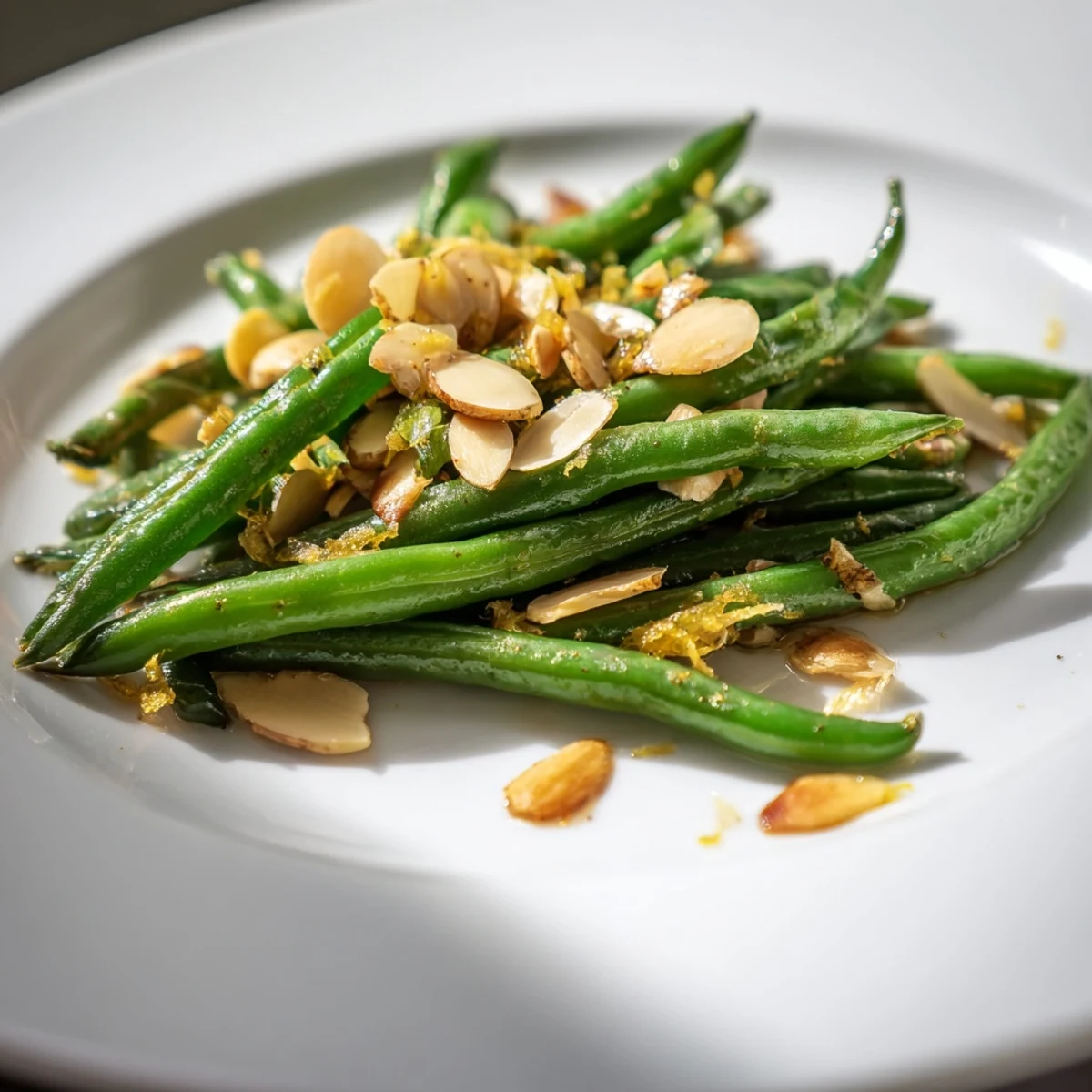Serving suggestion for Green Beans with Toasted Almonds and Lemon, garnished with zest and sliced almonds.