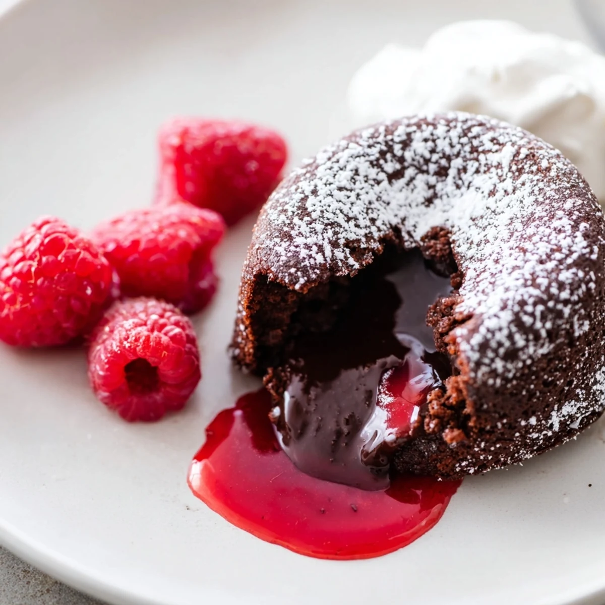 Warm Chocolate Lava Cakes with Raspberry Sauce in white ramekins, topped with fresh berries and dusted with powdered sugar.