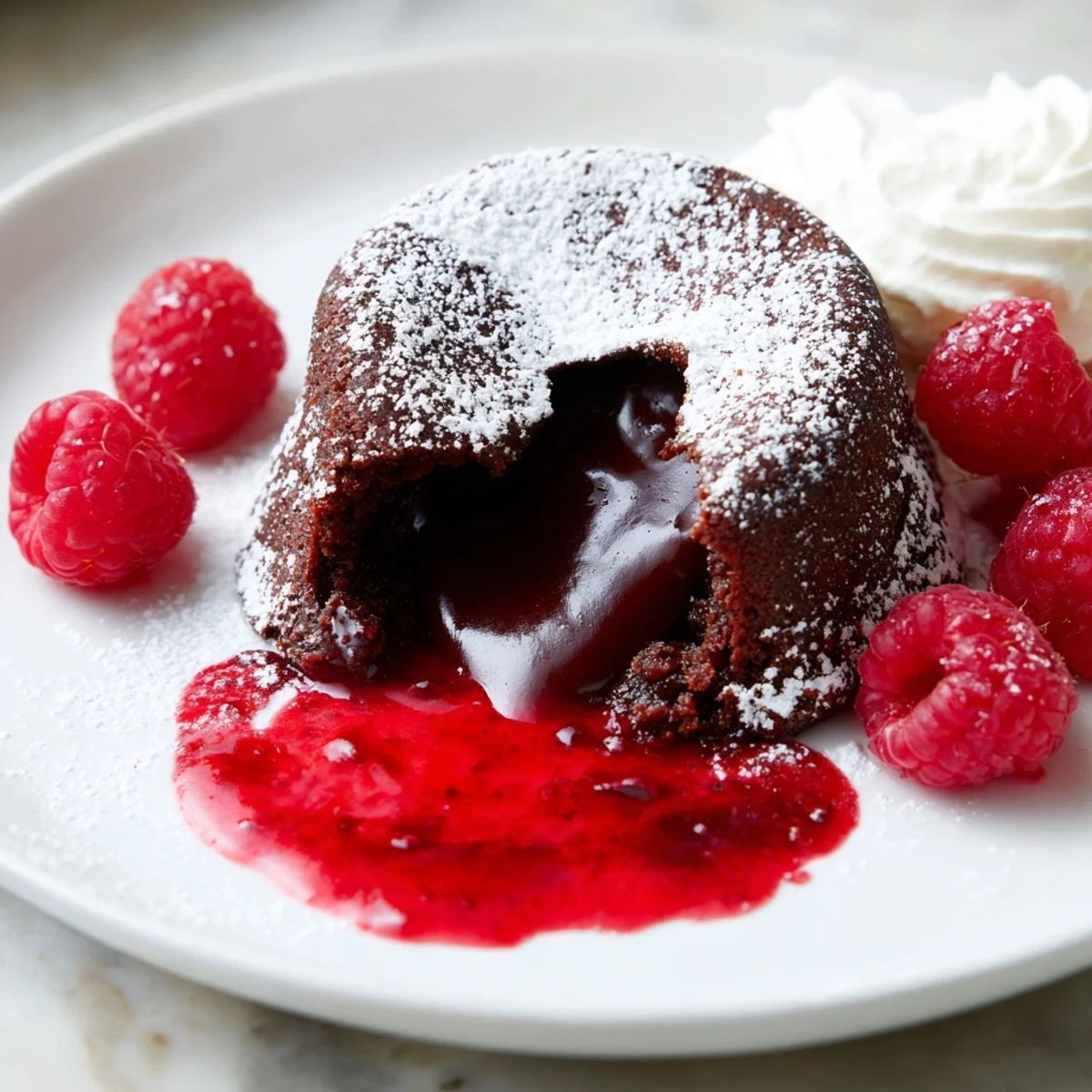 Individually portioned Chocolate Lava Cakes with Raspberry Sauce oozing a molten chocolate center beside a vibrant red sauce.
