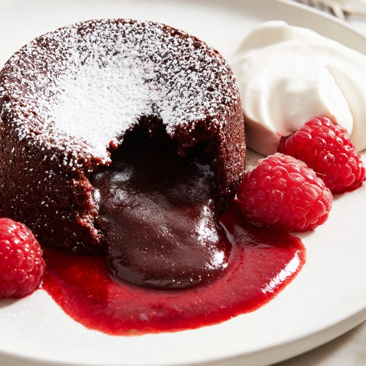 Serve these Chocolate Lava Cakes with Raspberry Sauce on dessert plates with a scoop of vanilla ice cream.