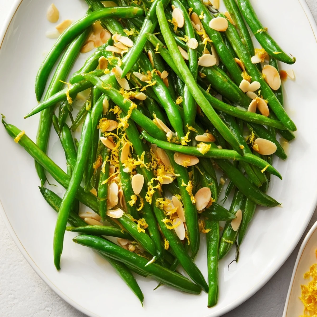 Vibrant green beans with toasted almonds and lemon zest glisten on a white plate, perfect for weeknight dinners.