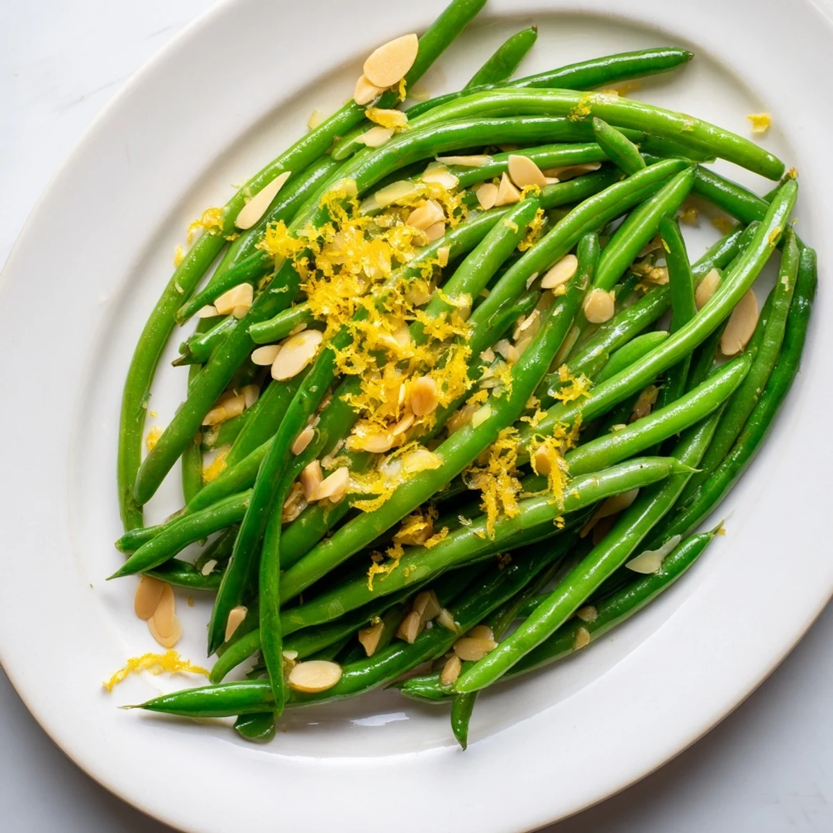 Crisp-tender Green Beans with Toasted Almonds and Lemon on a platter, a bright side for holiday meals.
