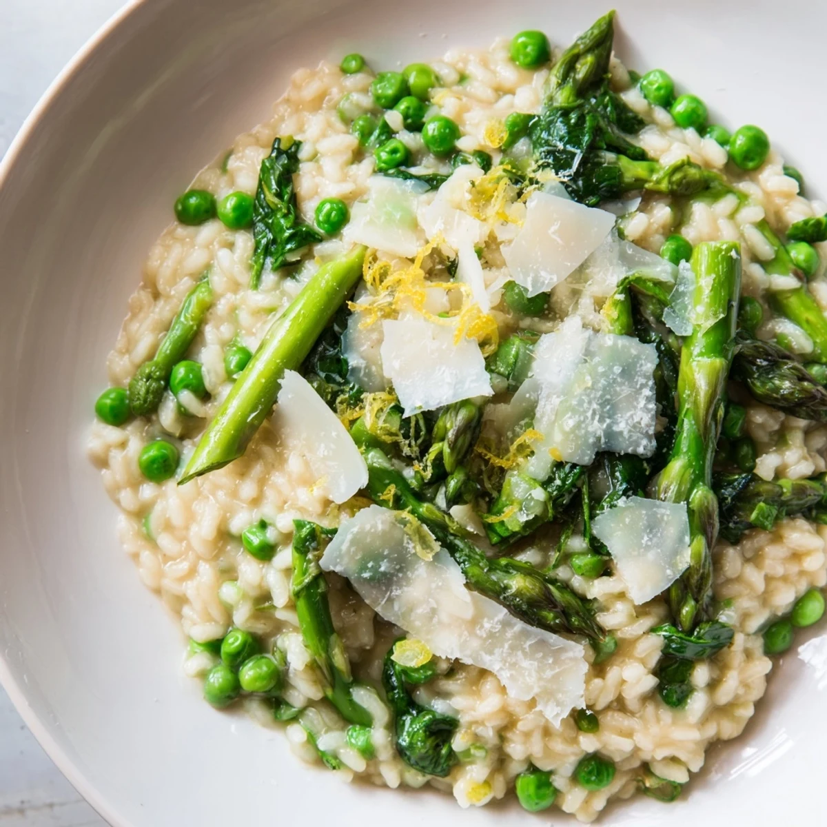 Spring Vegetable Risotto with Lemon Zest garnished with fresh parsley and extra zest on a white plate.