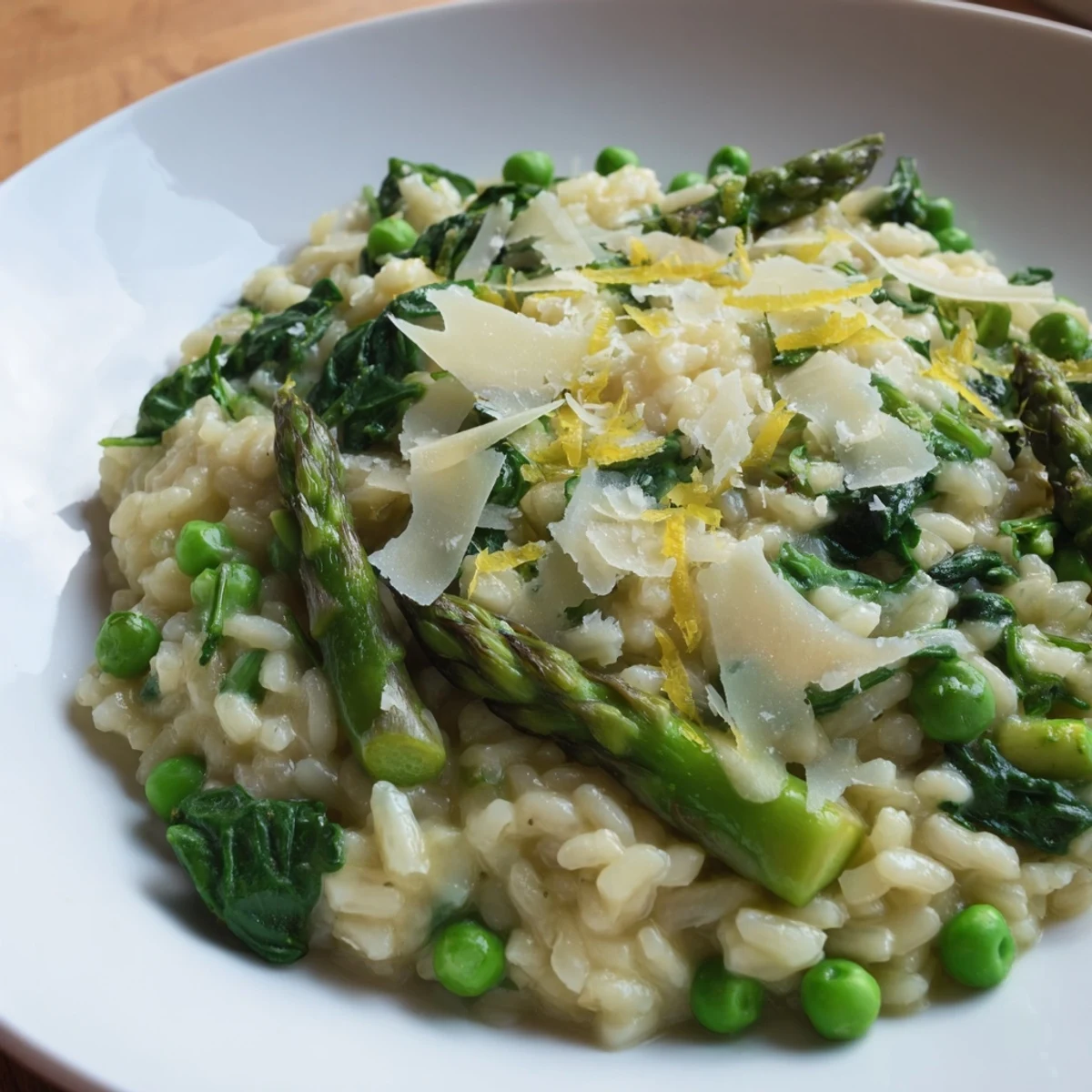 Spring Vegetable Risotto with Lemon Zest served in a creamy bowl with asparagus and peas.