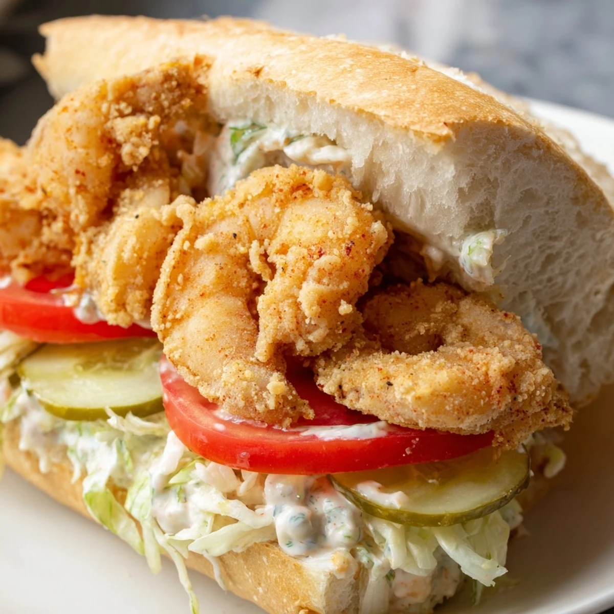 Crispy fried shrimp in a Mardi Gras Shrimp Po Boy with Remoulade Sauce, piled on a baguette with lettuce and tomato.