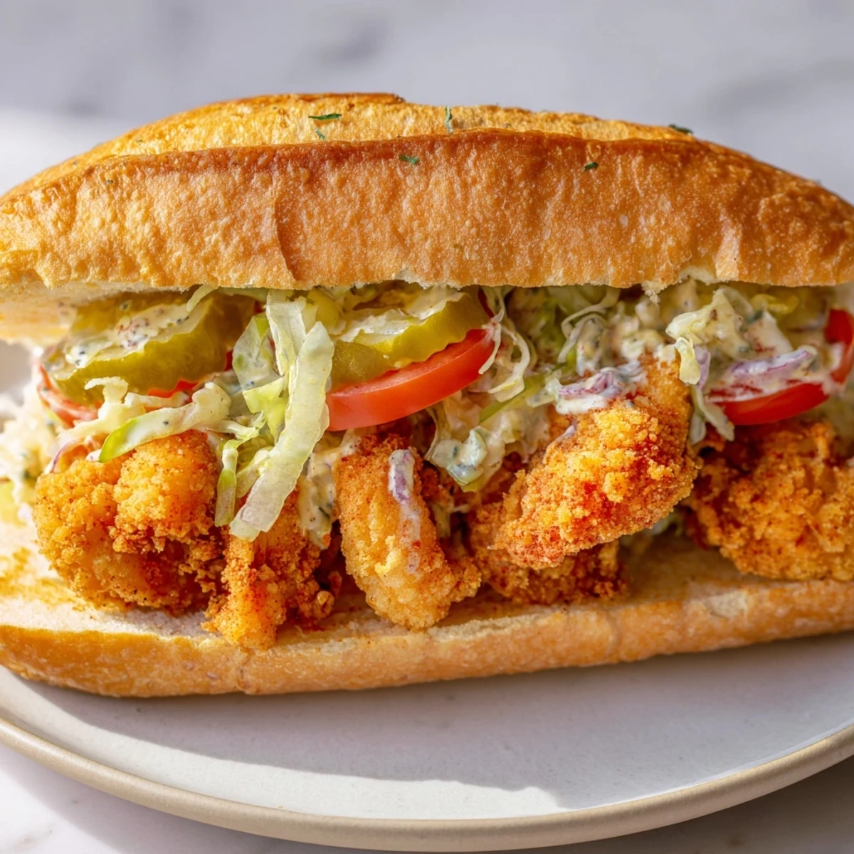 A close-up of a Mardi Gras Shrimp Po Boy with Remoulade Sauce, featuring golden shrimp and tangy sauce on fresh bread.