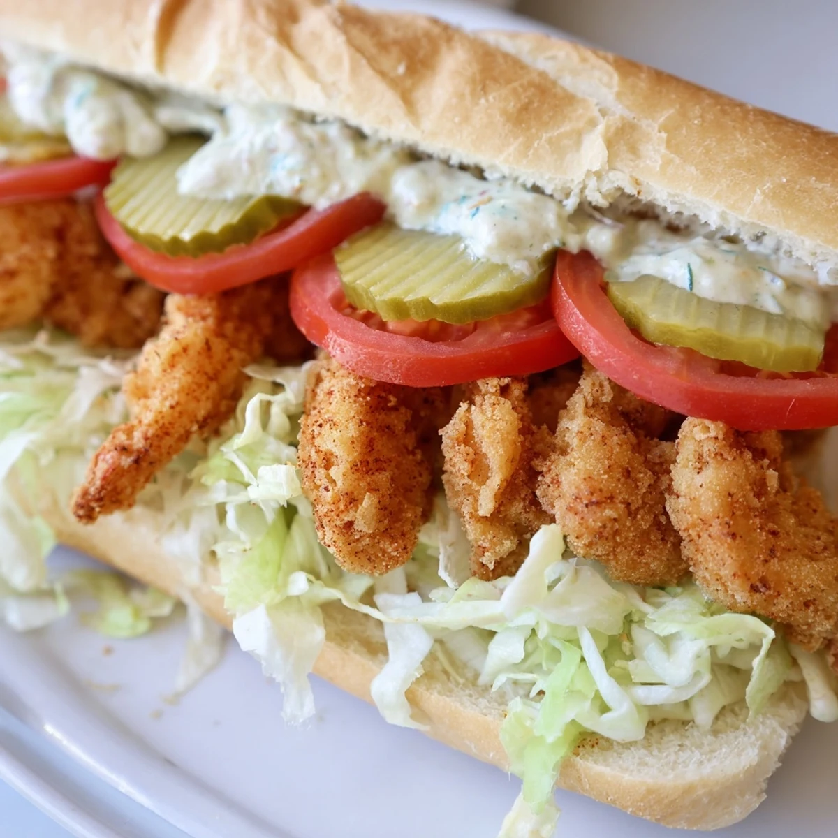 Golden fried shrimp layered in a Mardi Gras Shrimp Po Boy with Remoulade Sauce, served with pickles and lemon wedges.