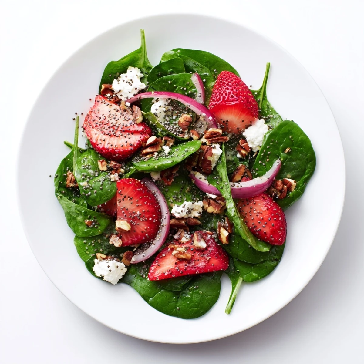 Bright baby spinach leaves topped with fresh sliced strawberries, crumbled feta, and toasted pecans in a salad bowl.