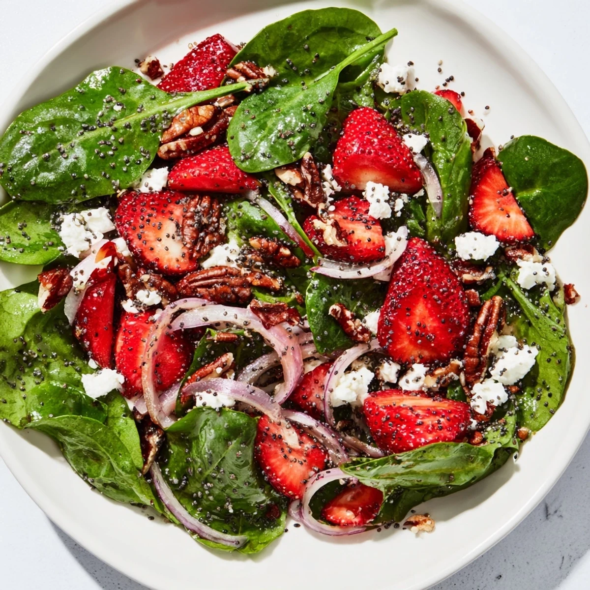 Strawberry Spinach Salad with Poppy Seed Vinaigrette drizzled over the ingredients, ready to toss and serve on a table.