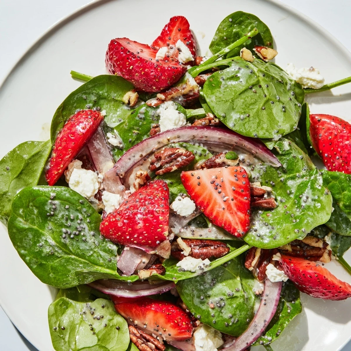 A close-up of the Strawberry Spinach Salad with Poppy Seed Vinaigrette, showing vibrant red berries, green leaves, and shiny dressing.