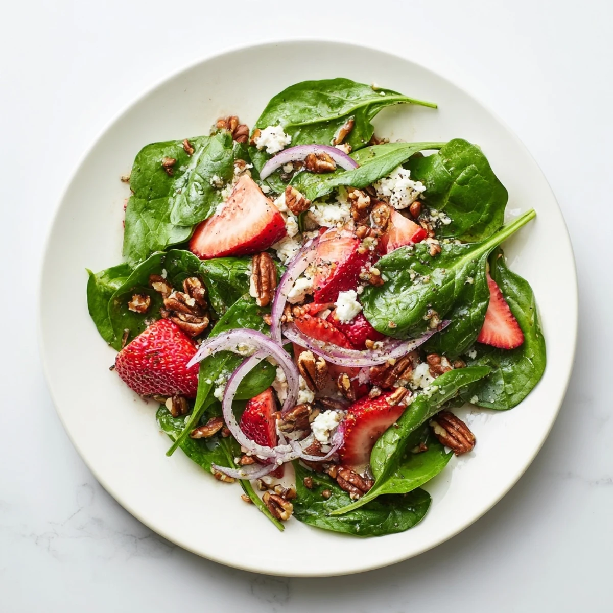 A vibrant serving of Strawberry Spinach Salad with Poppy Seed Vinaigrette drizzled over red onion, feta, and toasted almonds on a chilled plate.