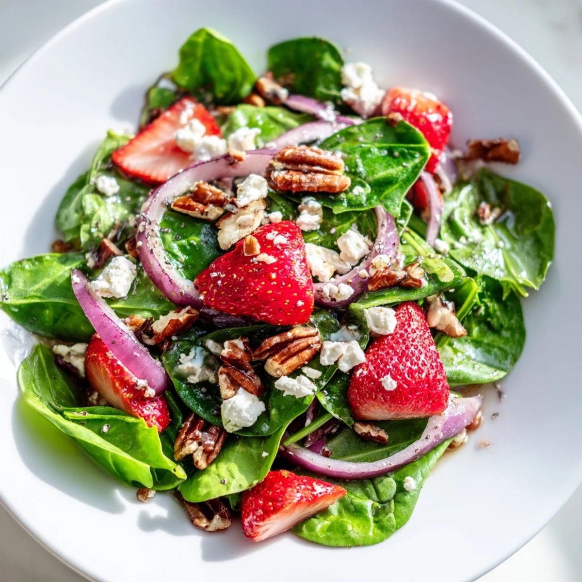 Fresh baby spinach and sliced strawberries in Strawberry Spinach Salad with Poppy Seed Vinaigrette, topped with crunchy pecans and crumbled feta cheese.